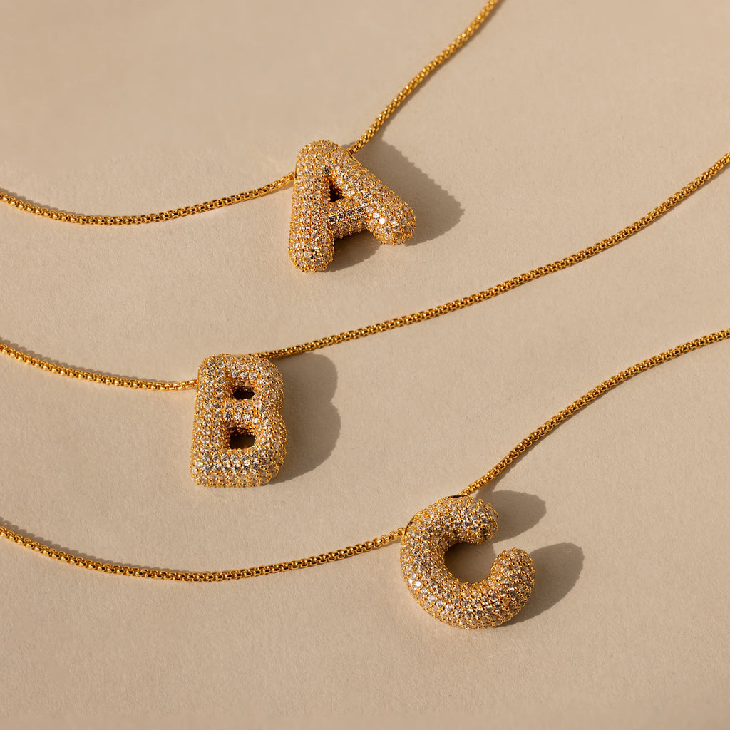 Pave Puff Letter Necklace Silver 18K Gold Plated