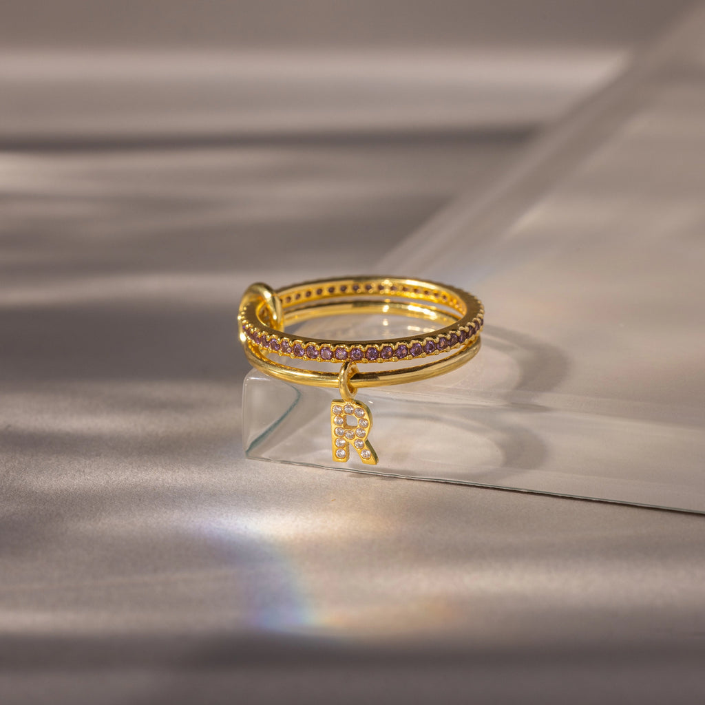 Birthstone Initial Linked Ring Set Silver 18K Gold Plated