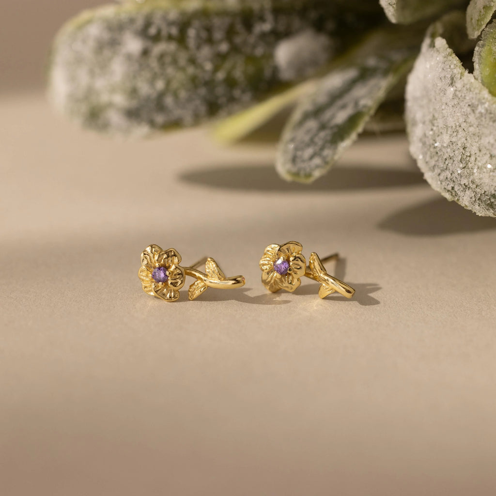 Birth Flower Stud Earrings Silver 18K Gold Plated
