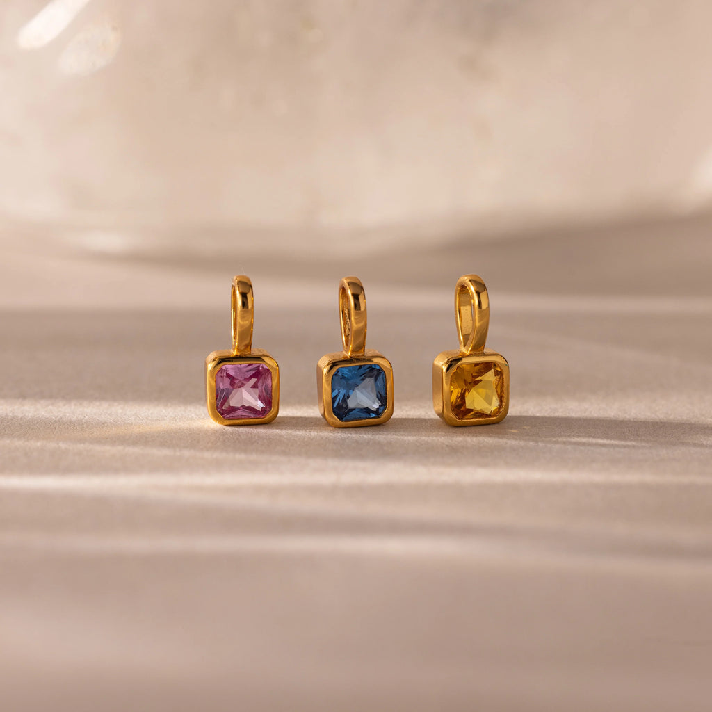 Square Bezel Birthstone Charm Silver 18K Gold Plated