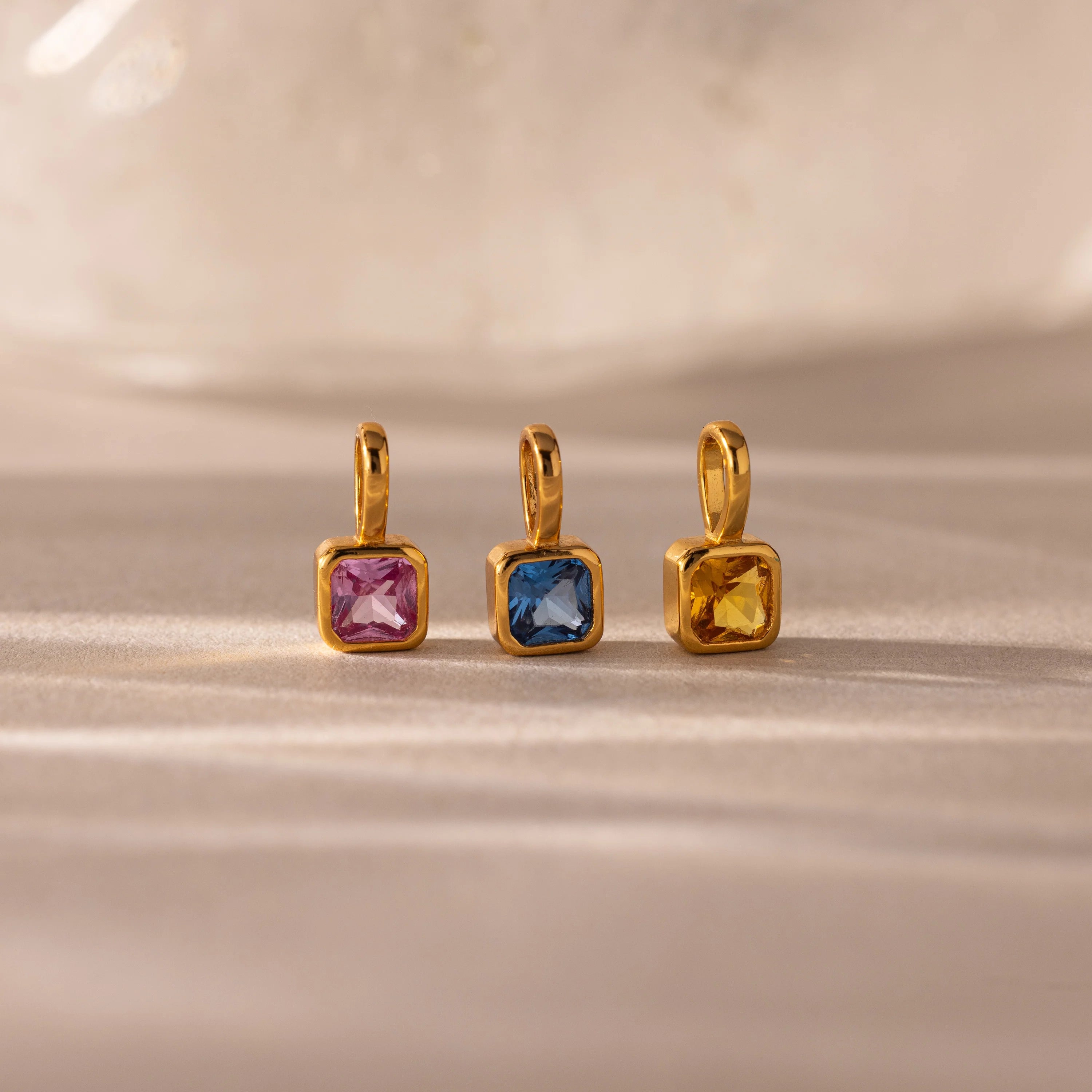 Square Bezel Birthstone Charm Silver 18K Gold Plated