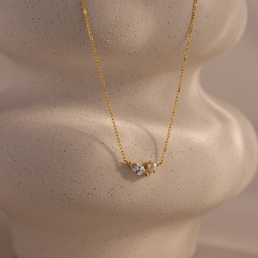 Marquise Birthstone Pearl Necklace Silver 18K Gold Plated