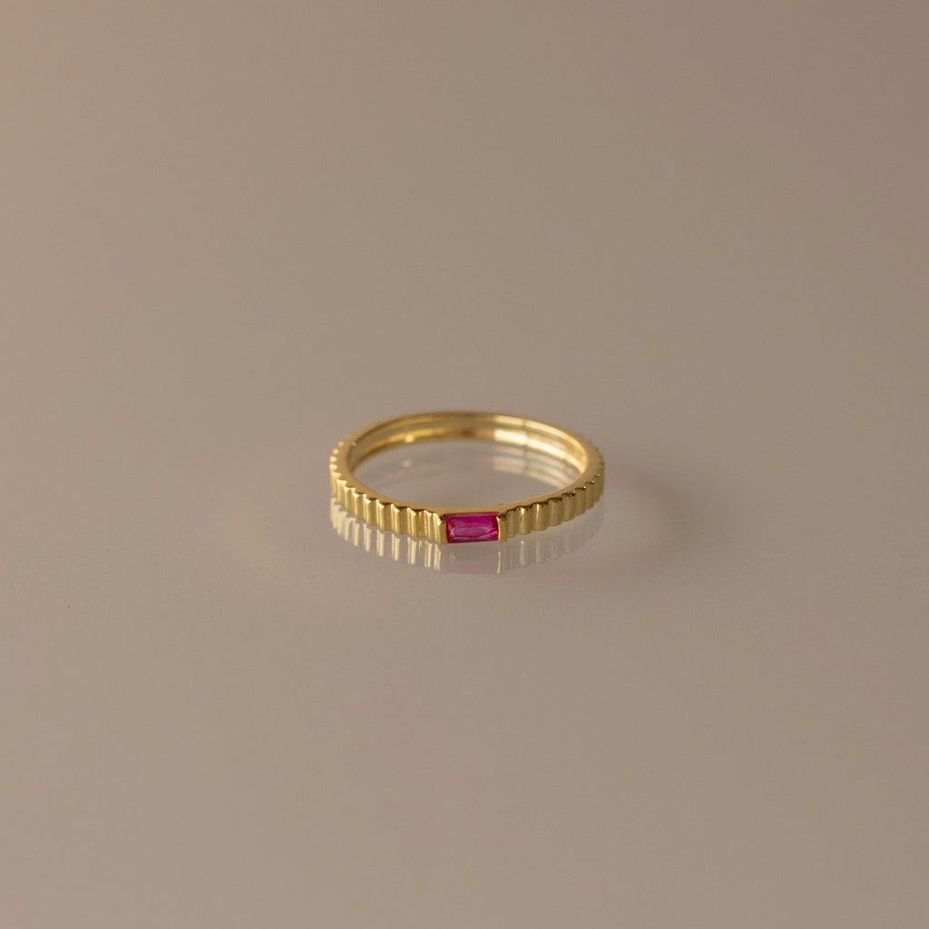 Dainty Ribbed Birthstone Ring Silver 18K Gold Plated