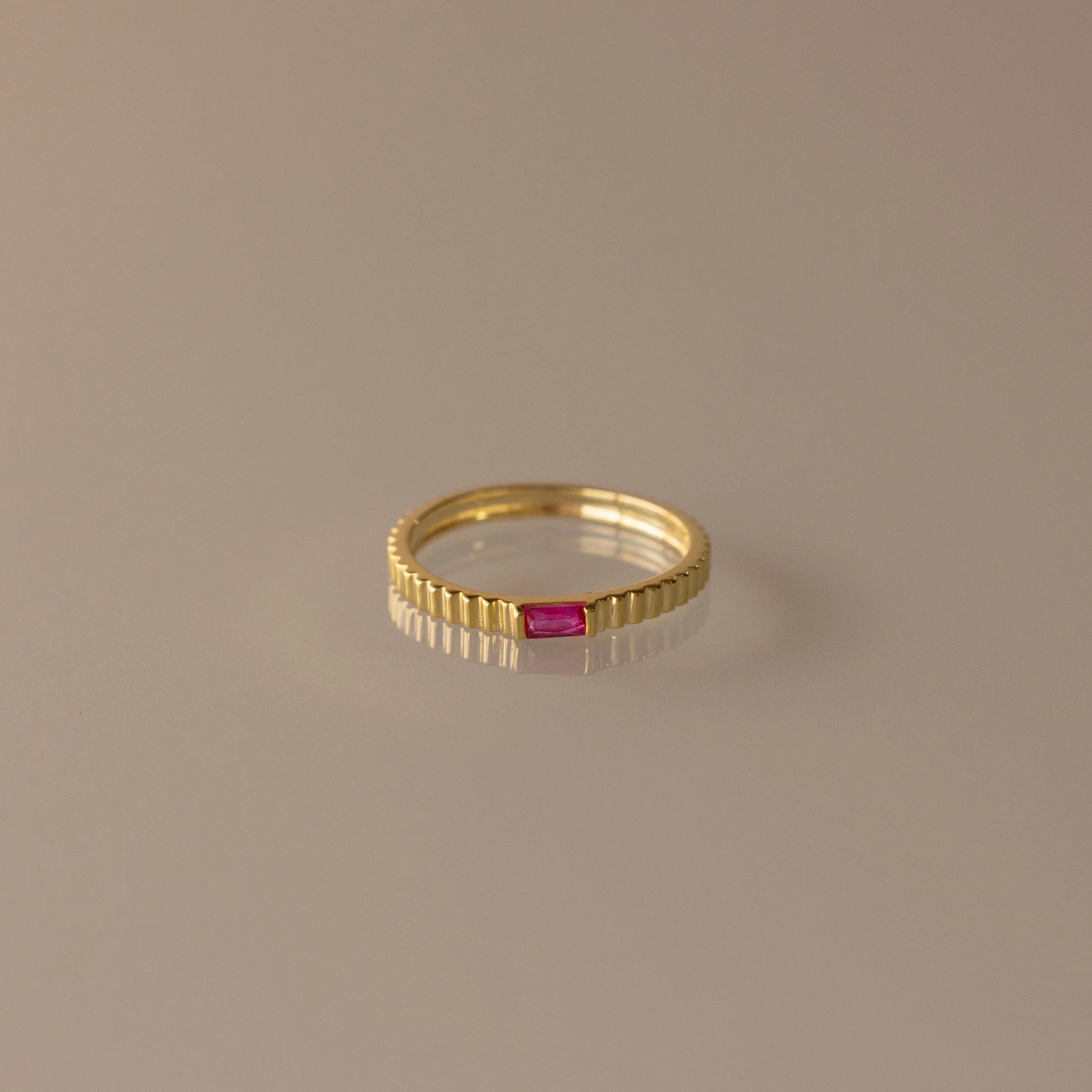 Dainty Ribbed Birthstone Ring Silver 18K Gold Plated