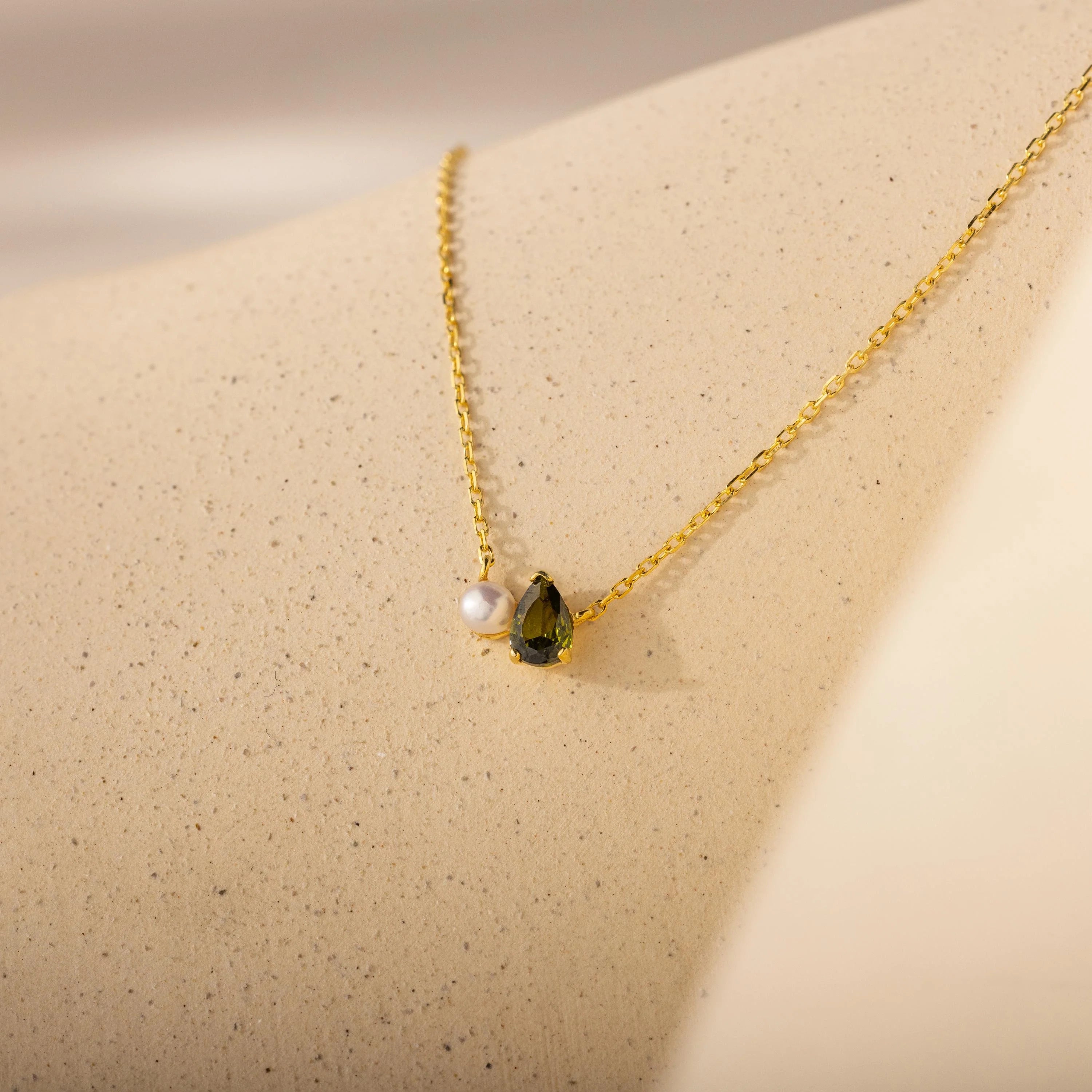 Teardrop Birthstone & Pearl Necklace Silver 18K Gold Plated