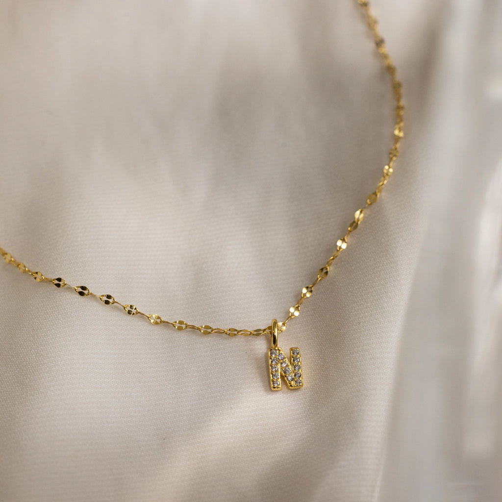 Dainty Pave Letter Necklace Silver 18K Gold Plated