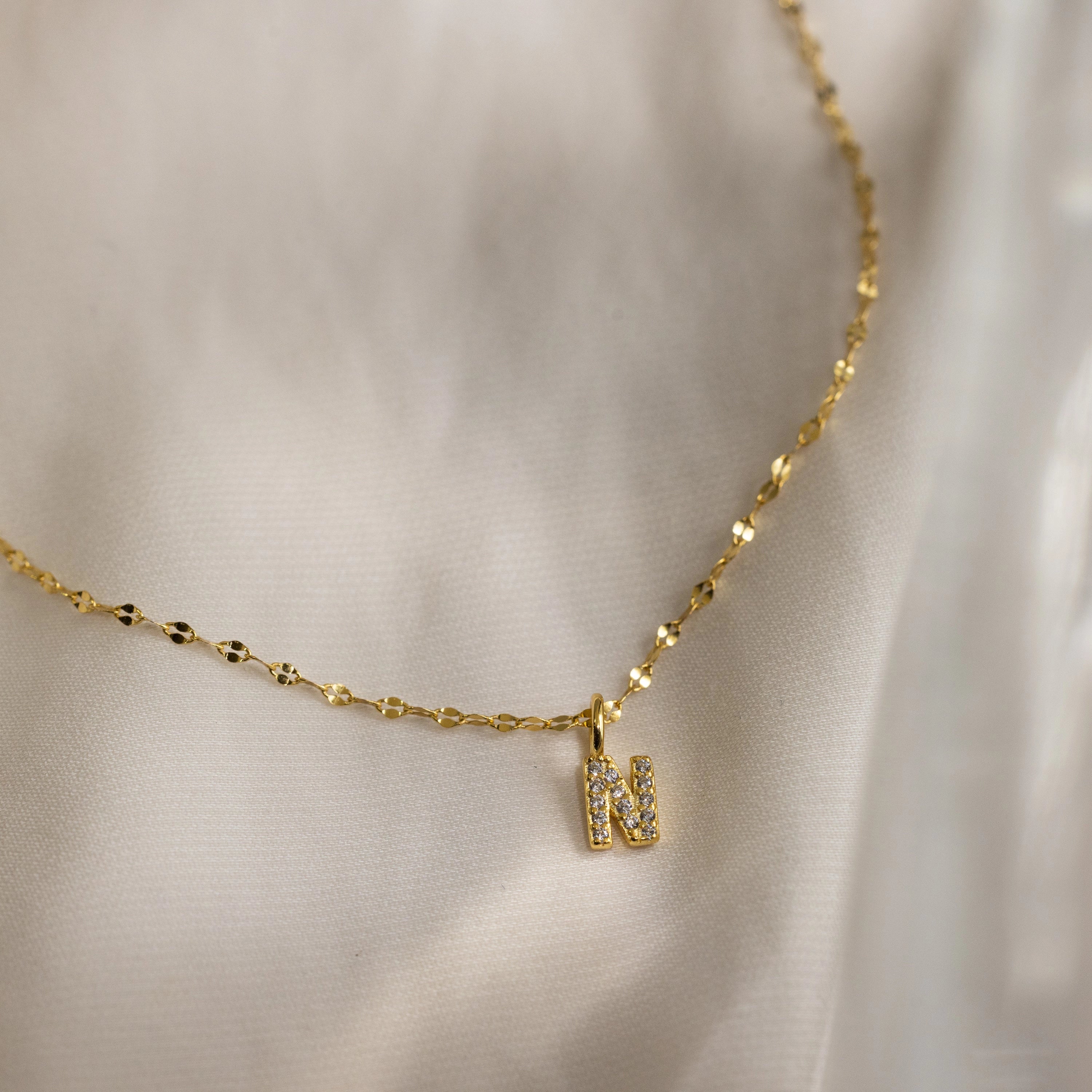 Dainty Pave Letter Necklace Silver 18K Gold Plated
