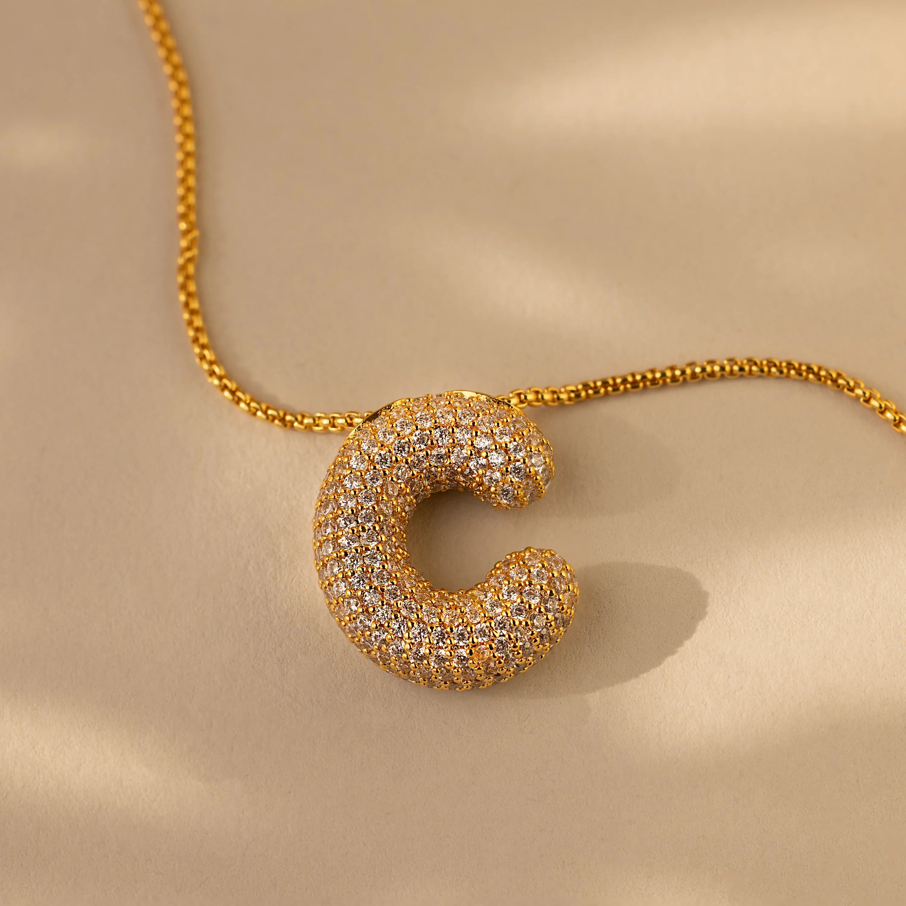 Pave Puff Letter Necklace Silver 18K Gold Plated
