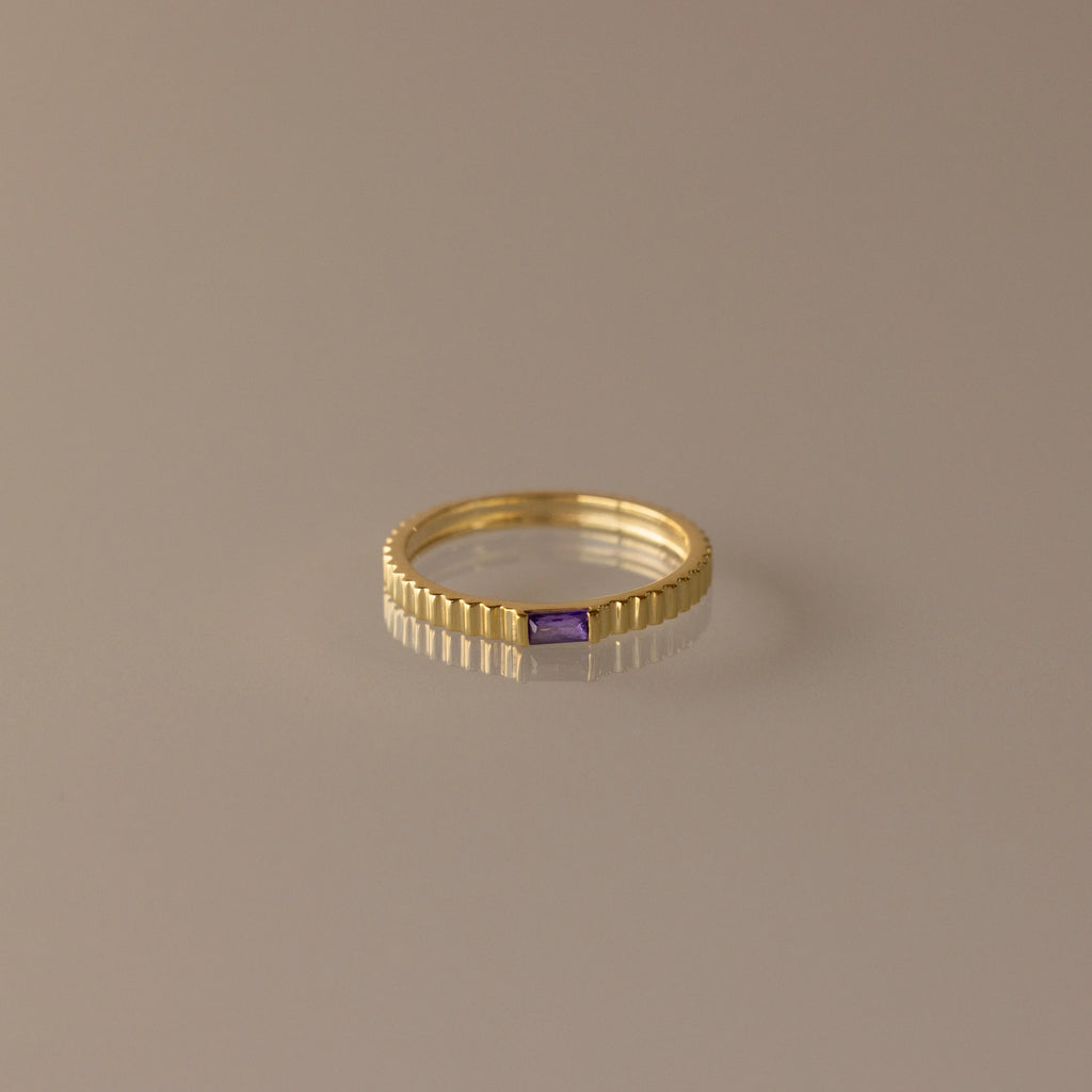 Dainty Ribbed Birthstone Ring Silver 18K Gold Plated
