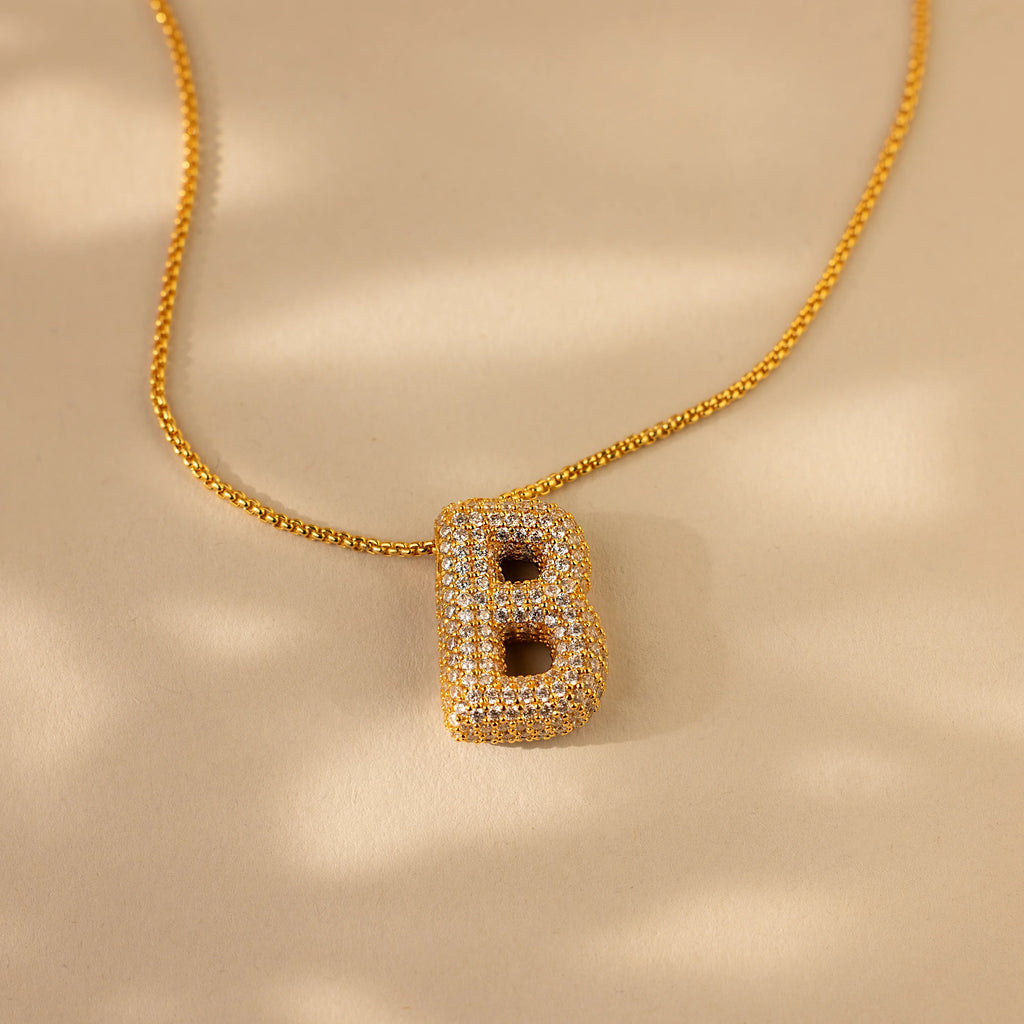 Pave Puff Letter Necklace Silver 18K Gold Plated