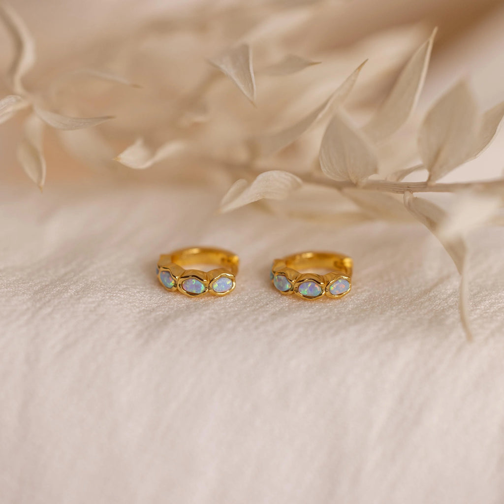 Blue Opal Beaded Huggies Silver 18K Gold Plated