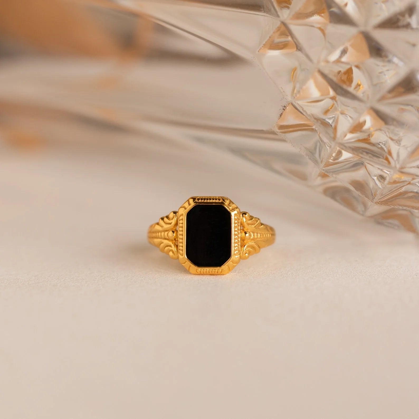 Black Enamel Signet Rings Silver 18K Gold Plated