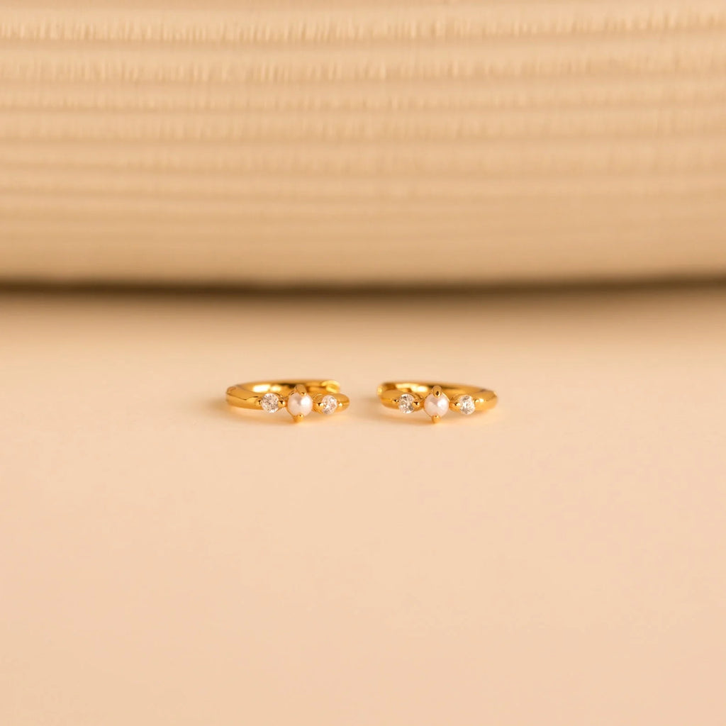 Pearl Diamond Huggies Silver 18K Gold Plated