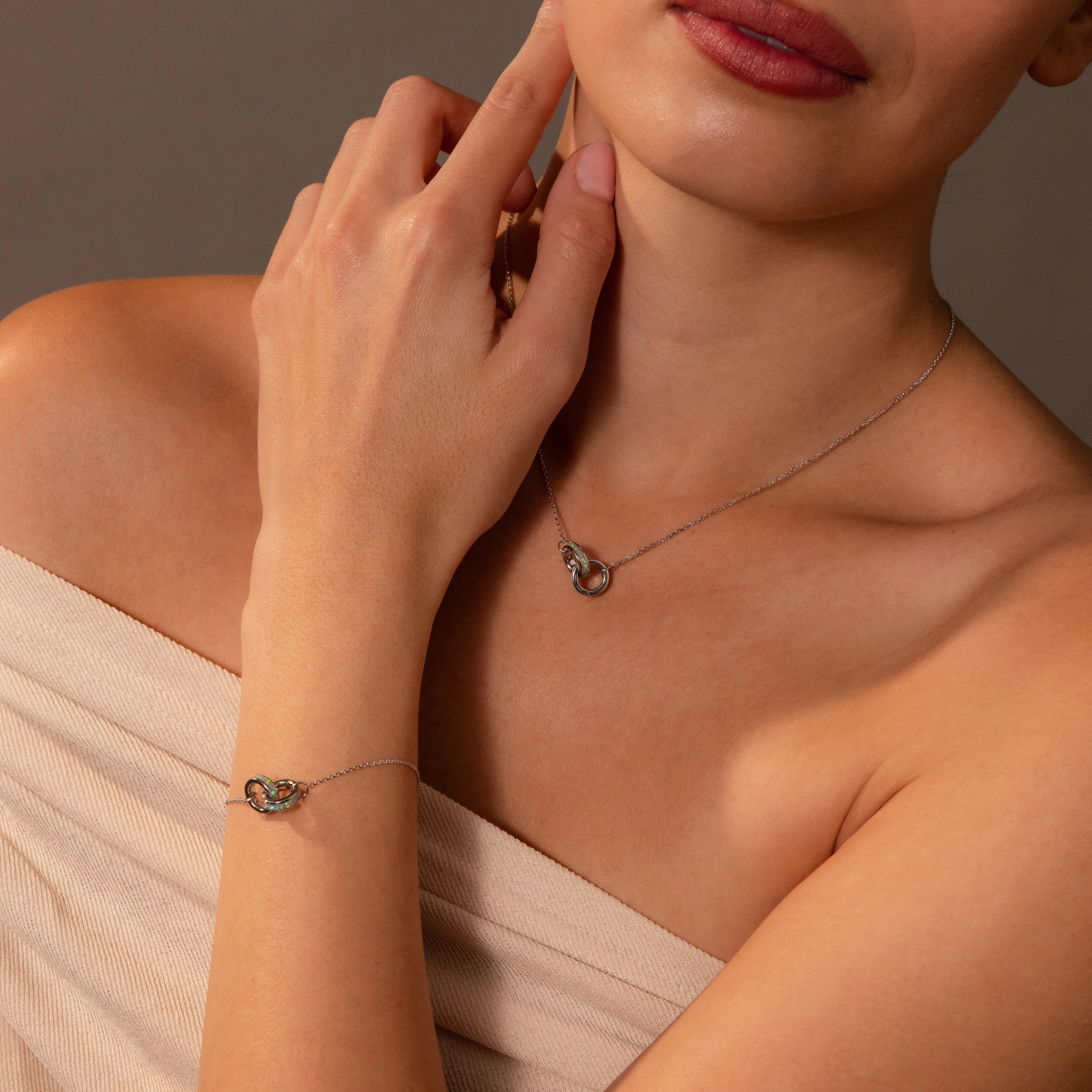 Interlocking Opal Inlay Necklace and Bracelet Set Silver 18K Gold Plated