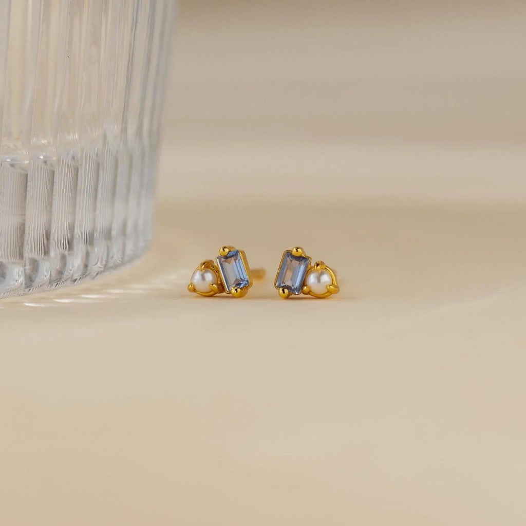 Baguette Aquamarine Pearl Studs Silver 18K Gold Plated