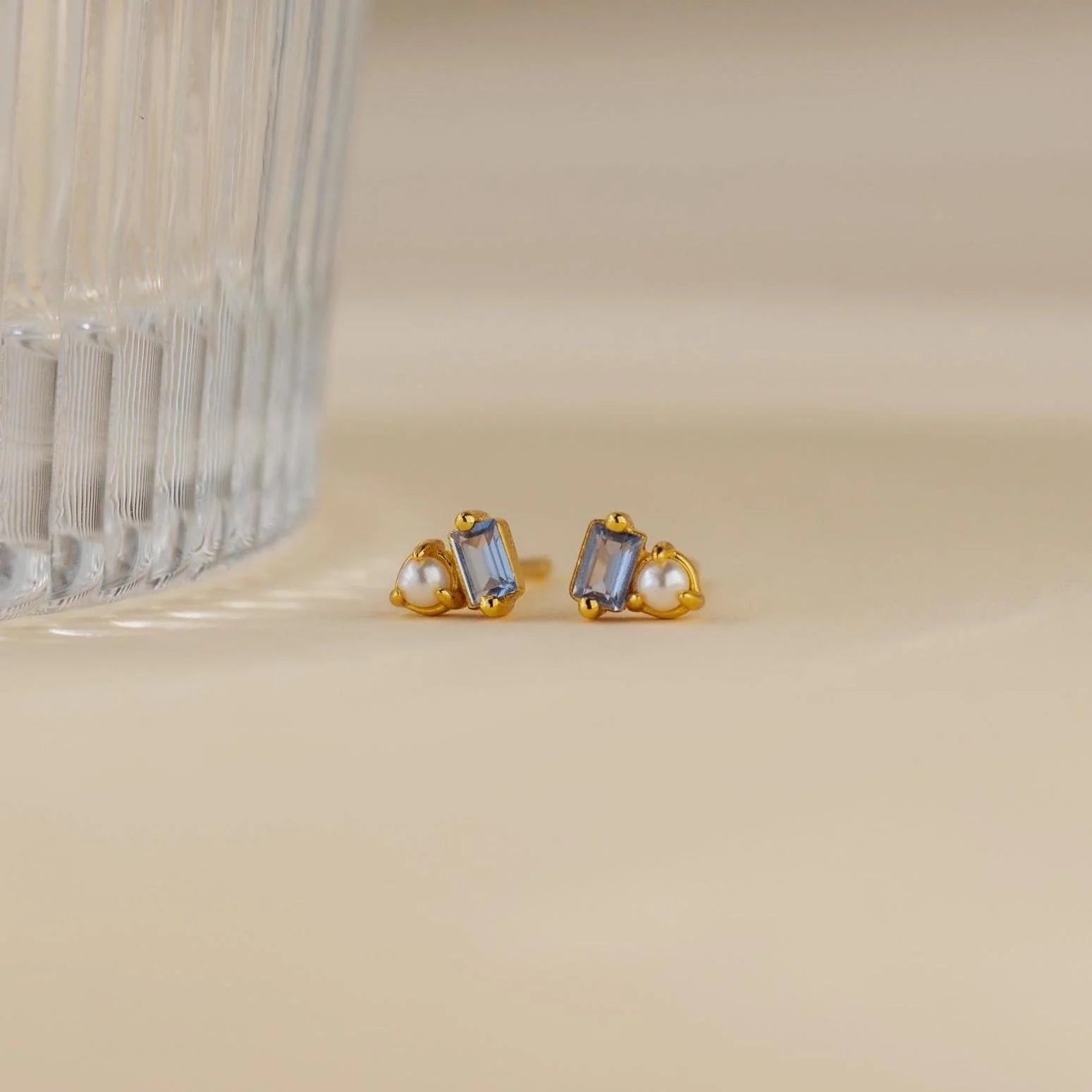 Baguette Aquamarine Pearl Studs Silver 18K Gold Plated