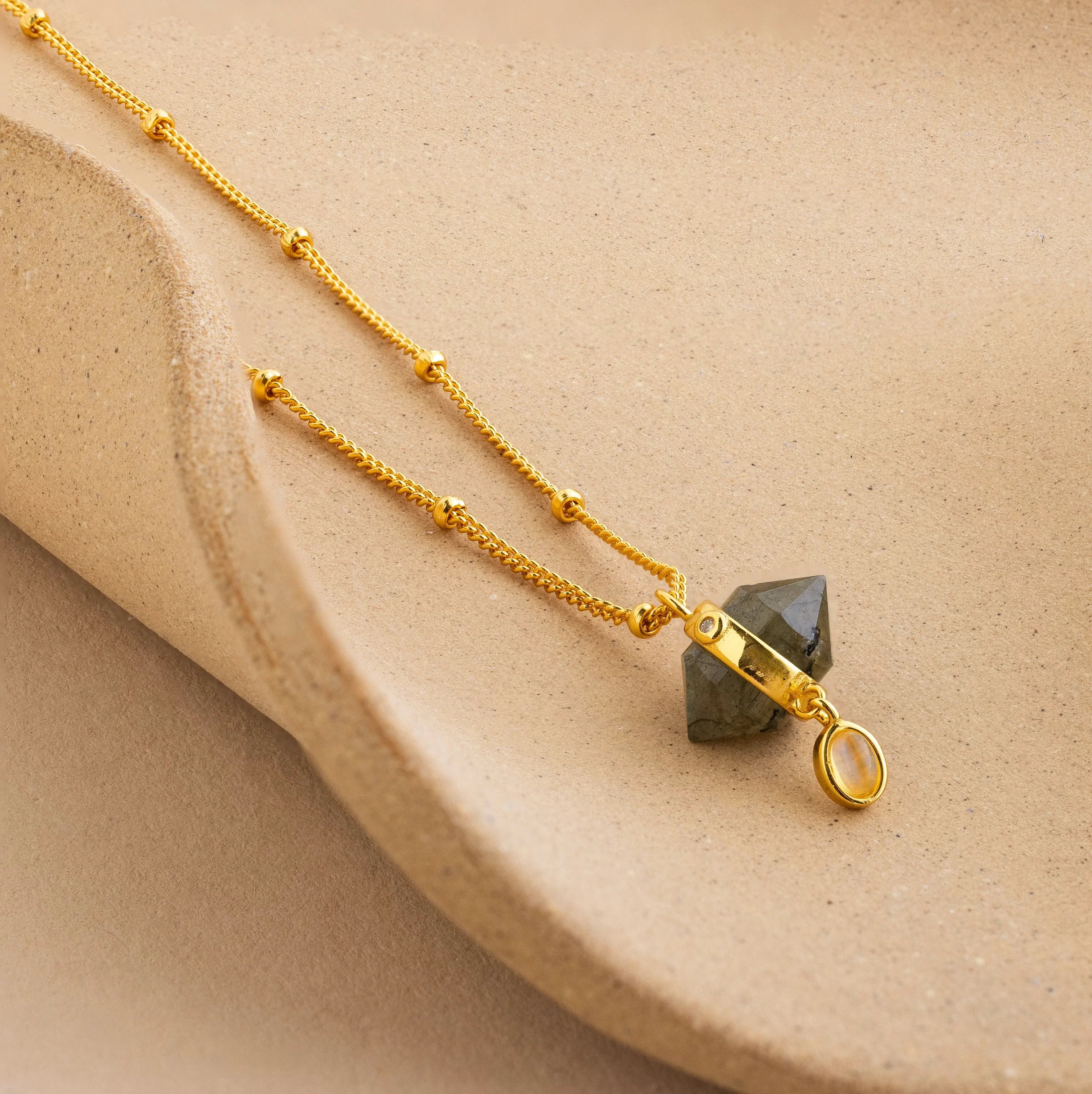 Labradorite & Moonstone Drop Necklace Silver 18K Gold Plated