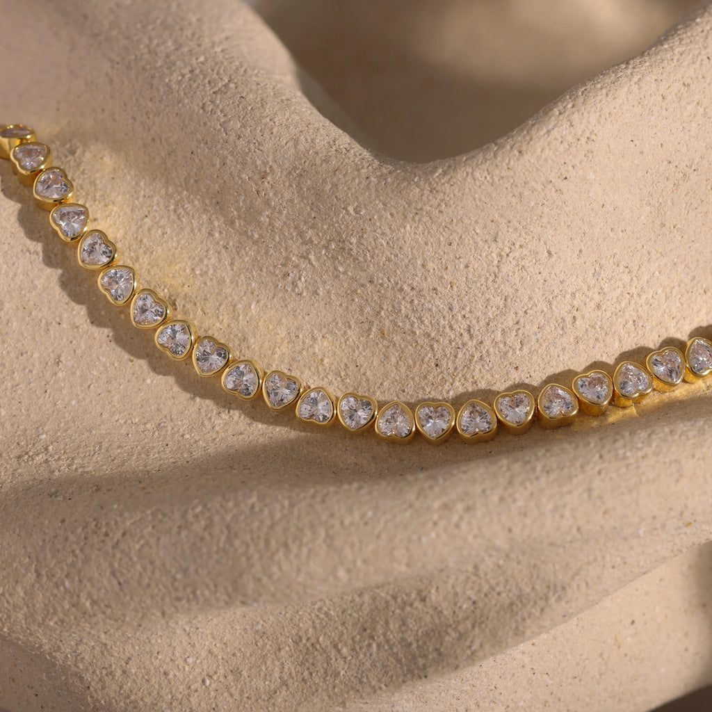Diamond Heart Tennis Bracelet Silver 18K Gold Plated