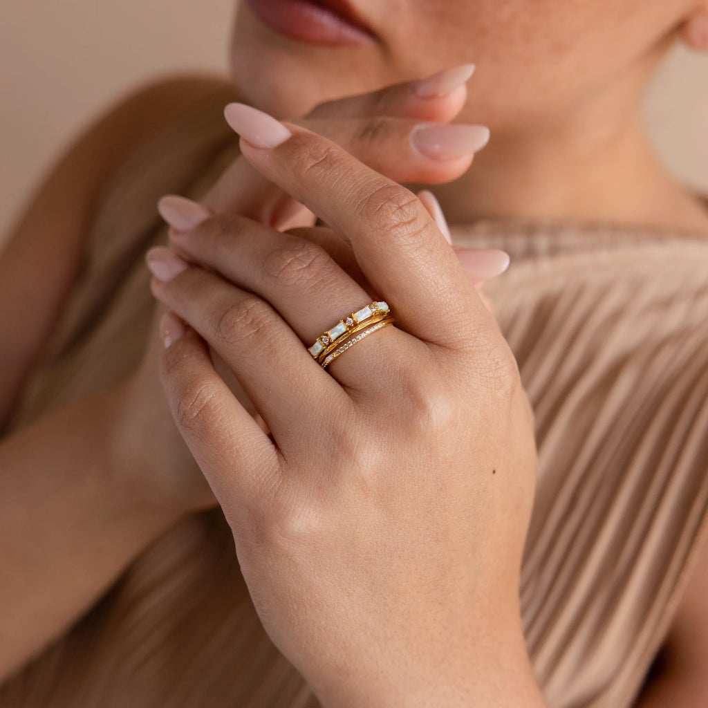 Pave Opal Ring Set Silver 18K Gold Plated