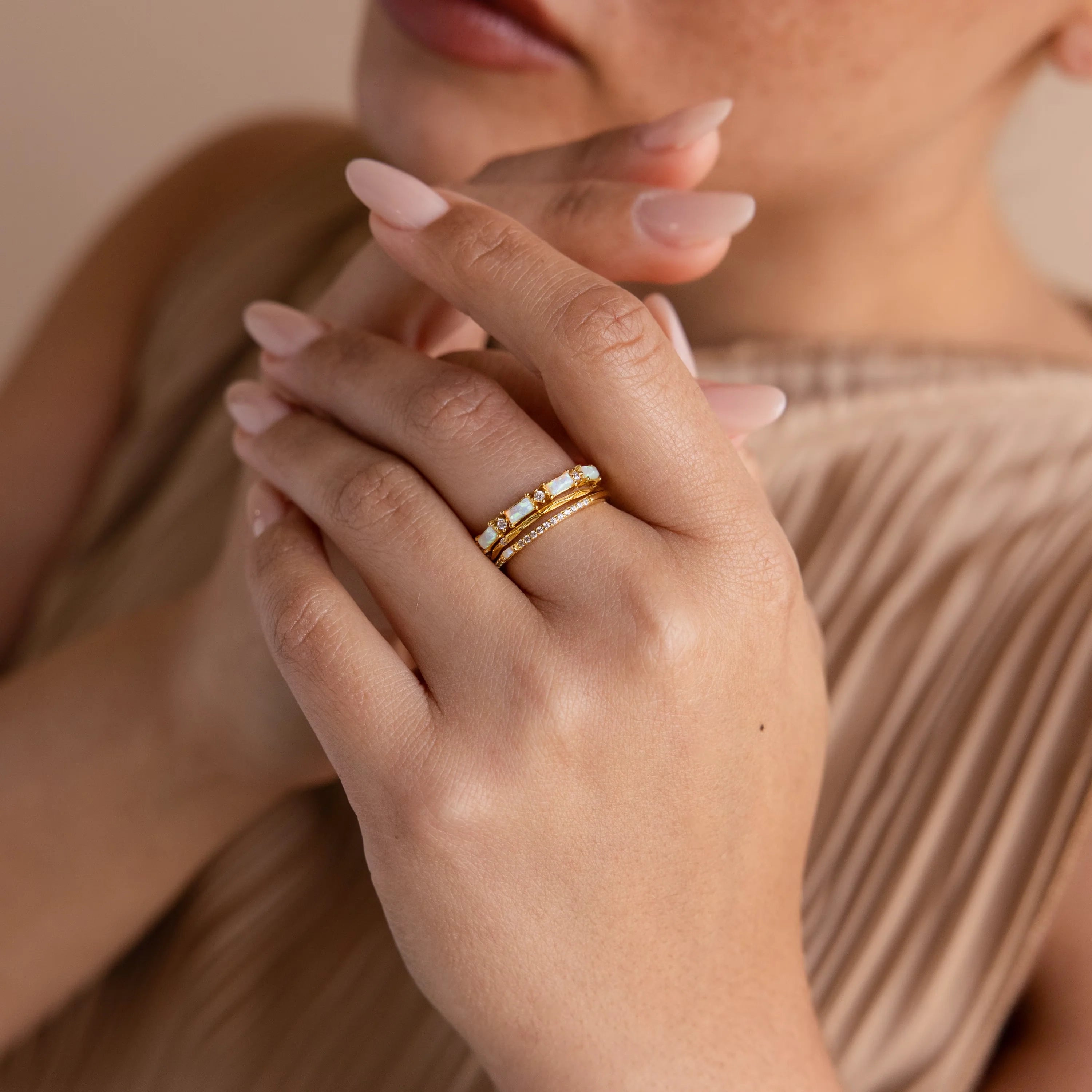 Pave Opal Ring Set Silver 18K Gold Plated