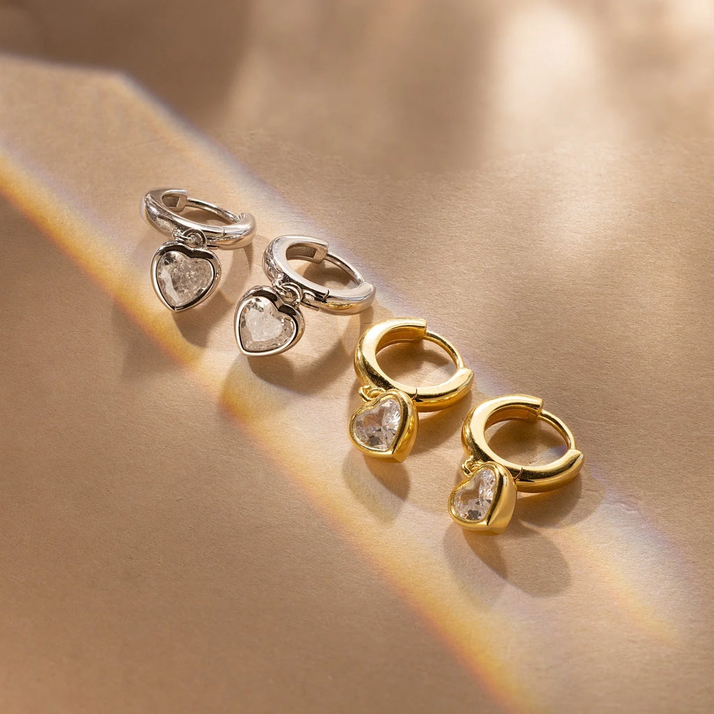 Diamond Heart Drop Huggies Silver 18K Gold Plated