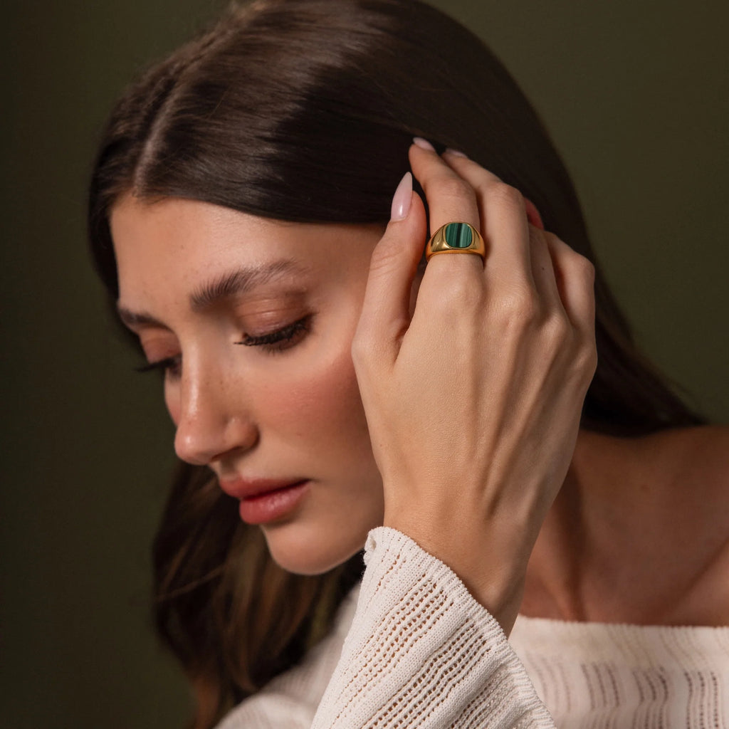Malachite Signet Ring Silver 18K Gold Plated
