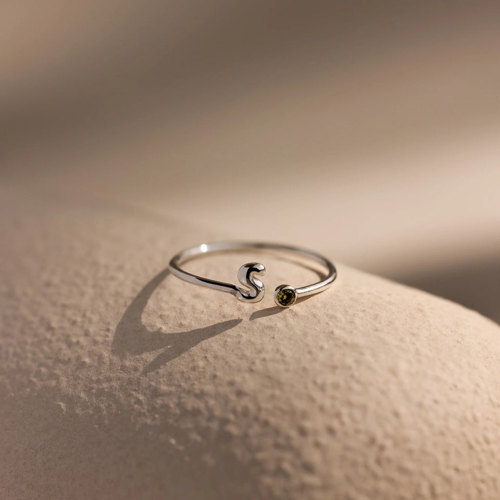 Bubble Initial Birthstone Ring Silver 18K Gold Plated