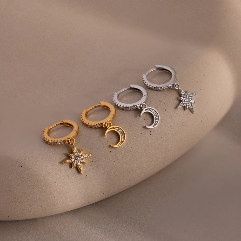 Moon and Star Huggies Silver 18K Gold Plated