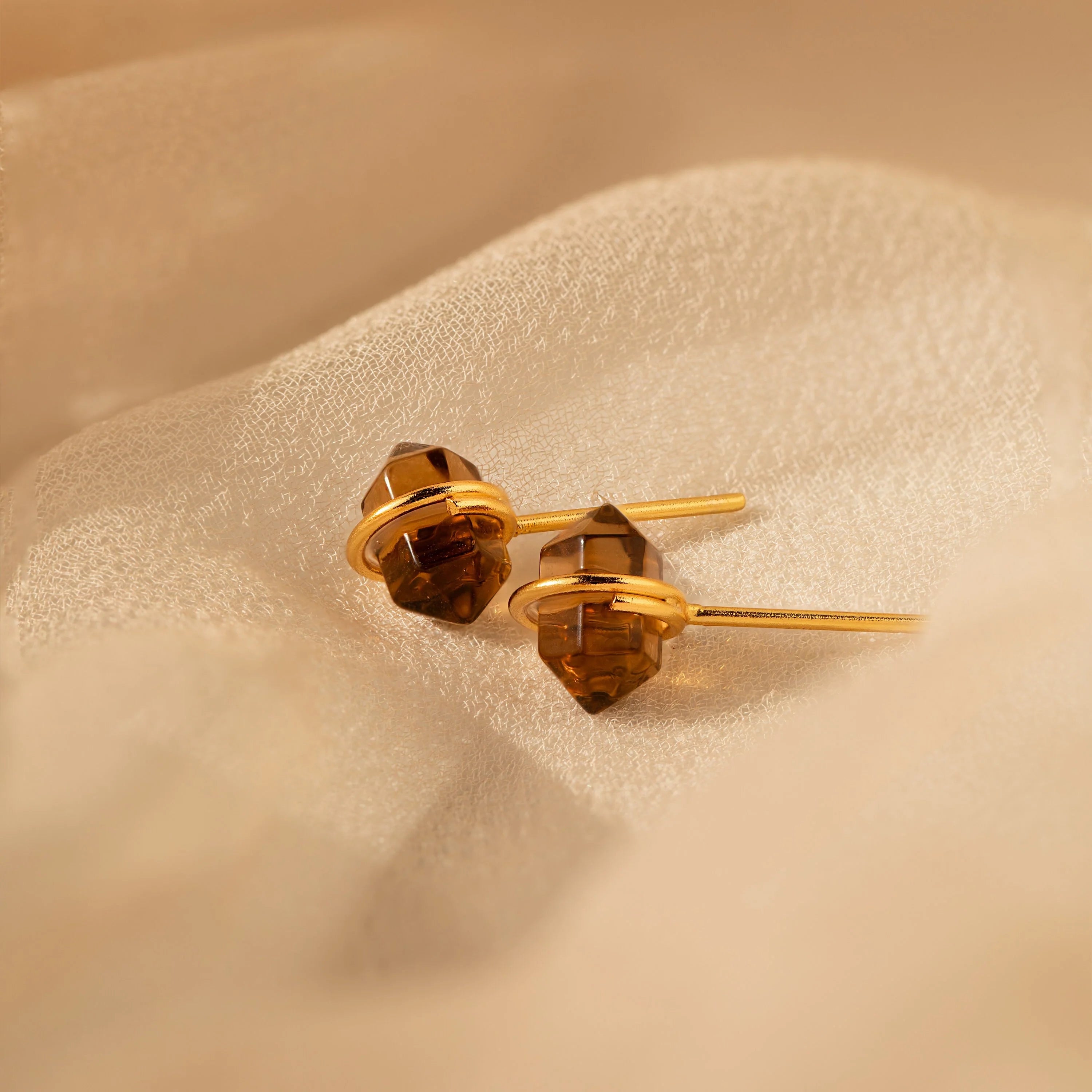 Smoky Quartz Glass Stones Studs Silver 18K Gold Plated