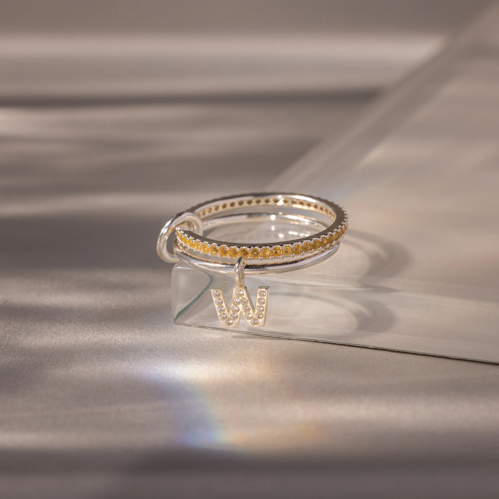 Initial Topaz Linked Ring Set Silver 18K Gold Plated