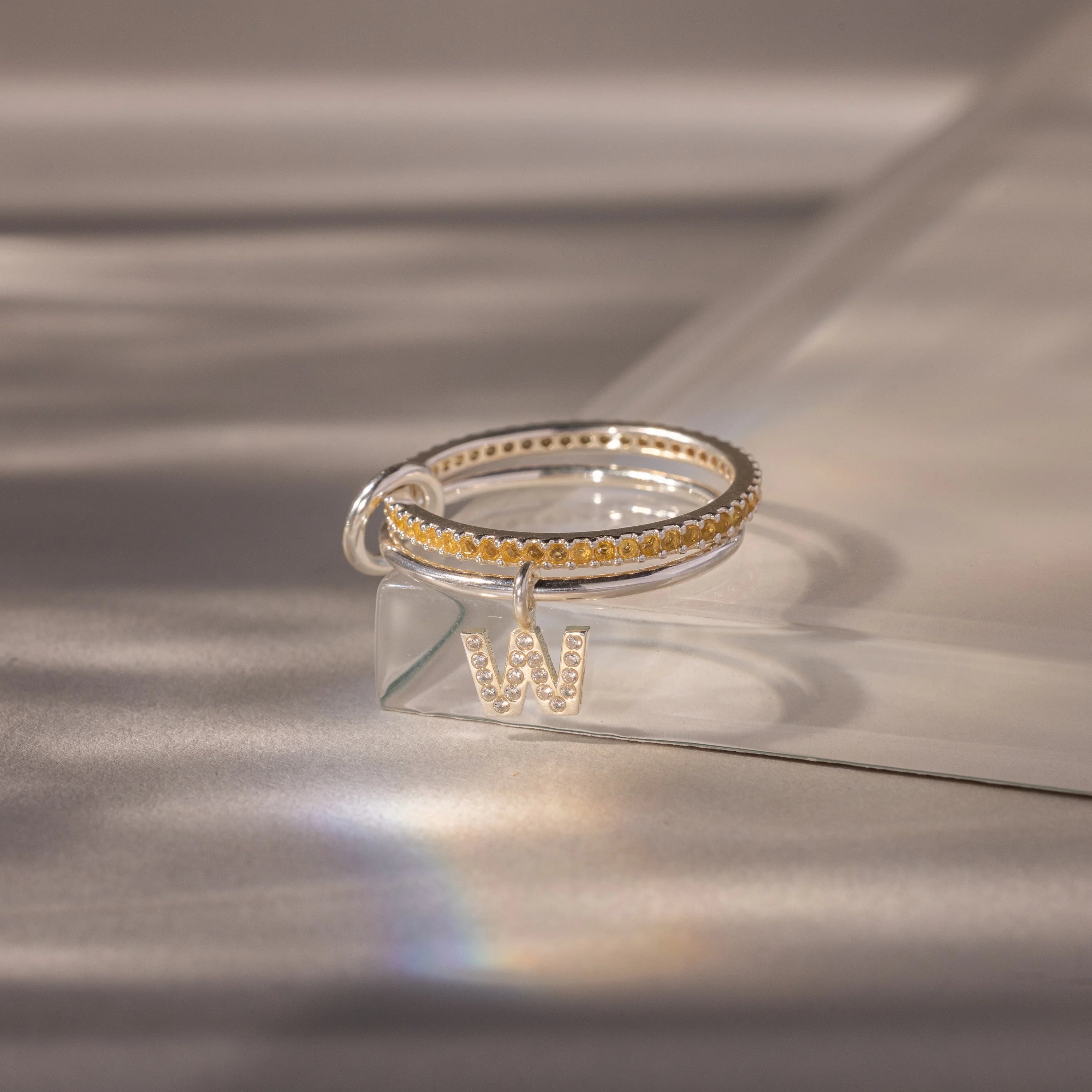 Initial Topaz Linked Ring Set Silver 18K Gold Plated