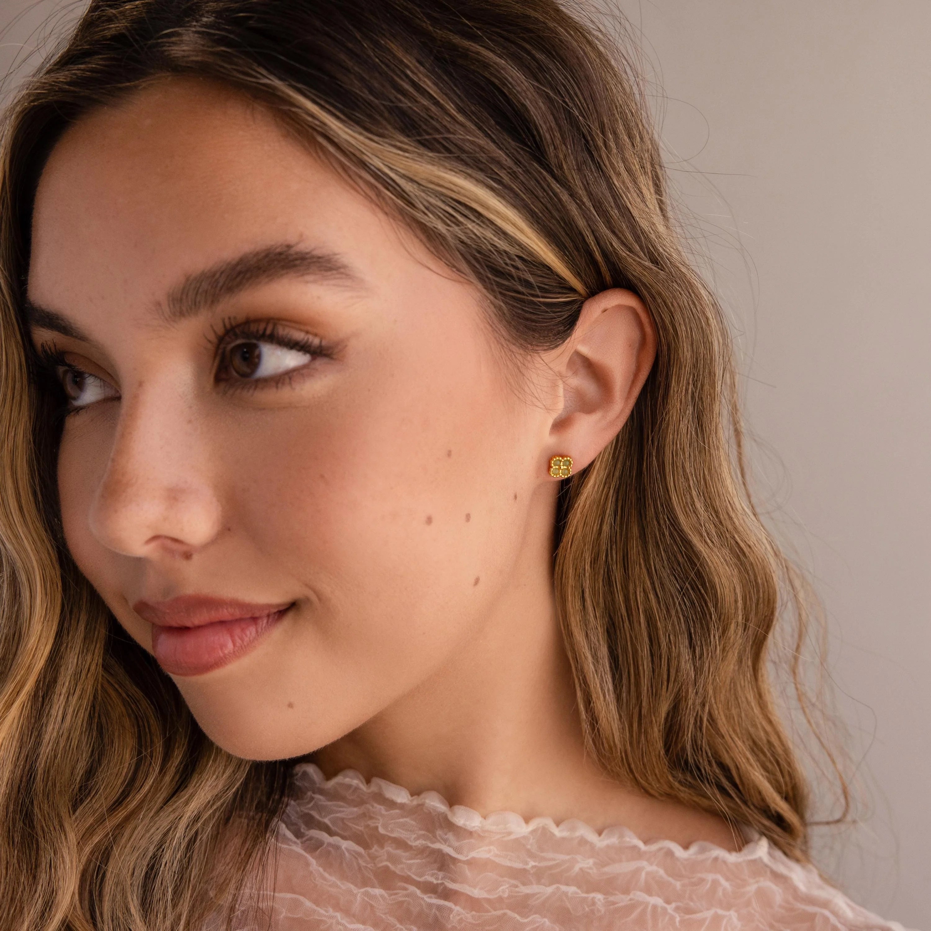 Jade Clover Studs Silver 18K Gold Plated