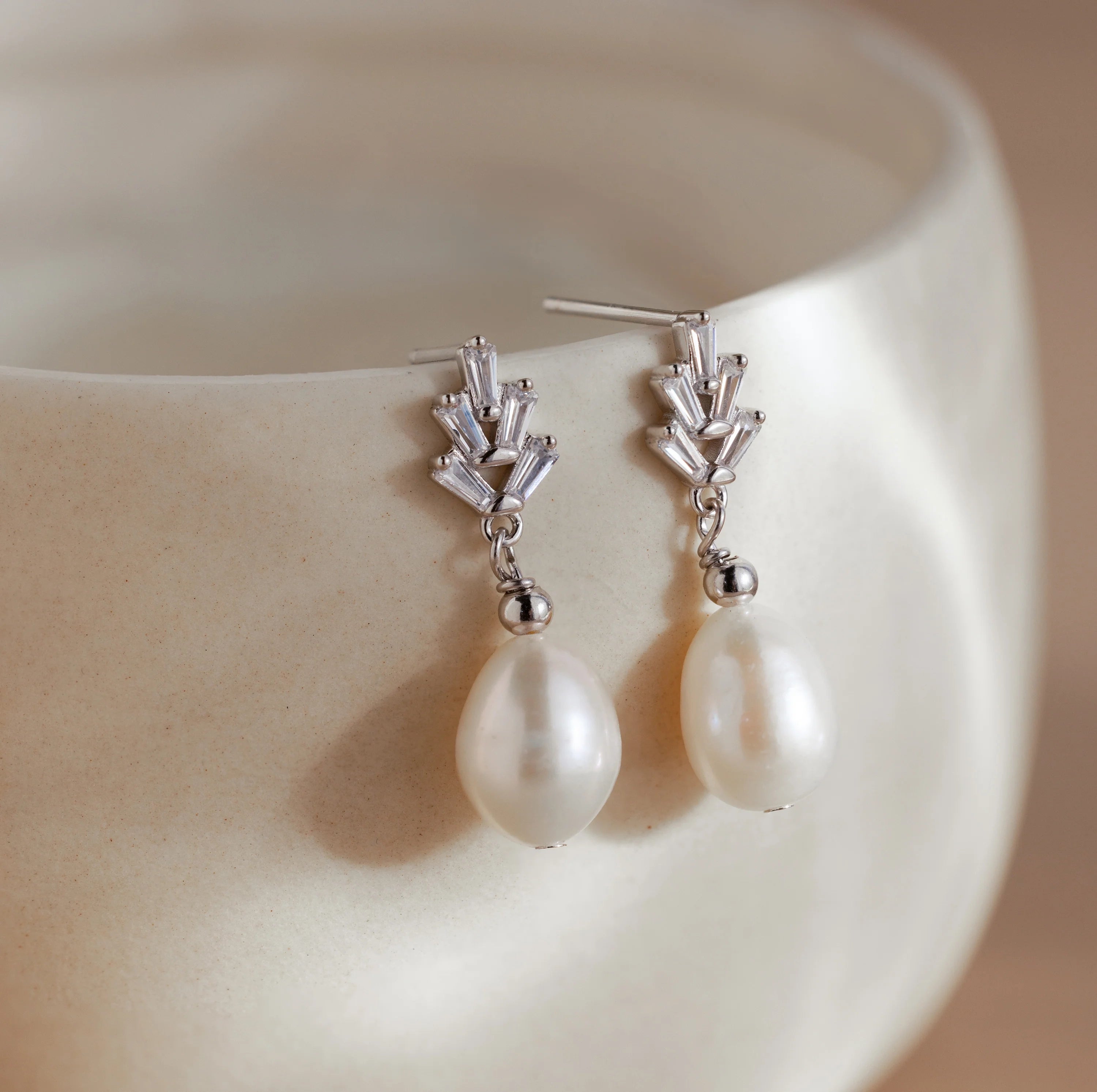 Pearl Diamond Drop Earrings Silver 18K Gold Plated