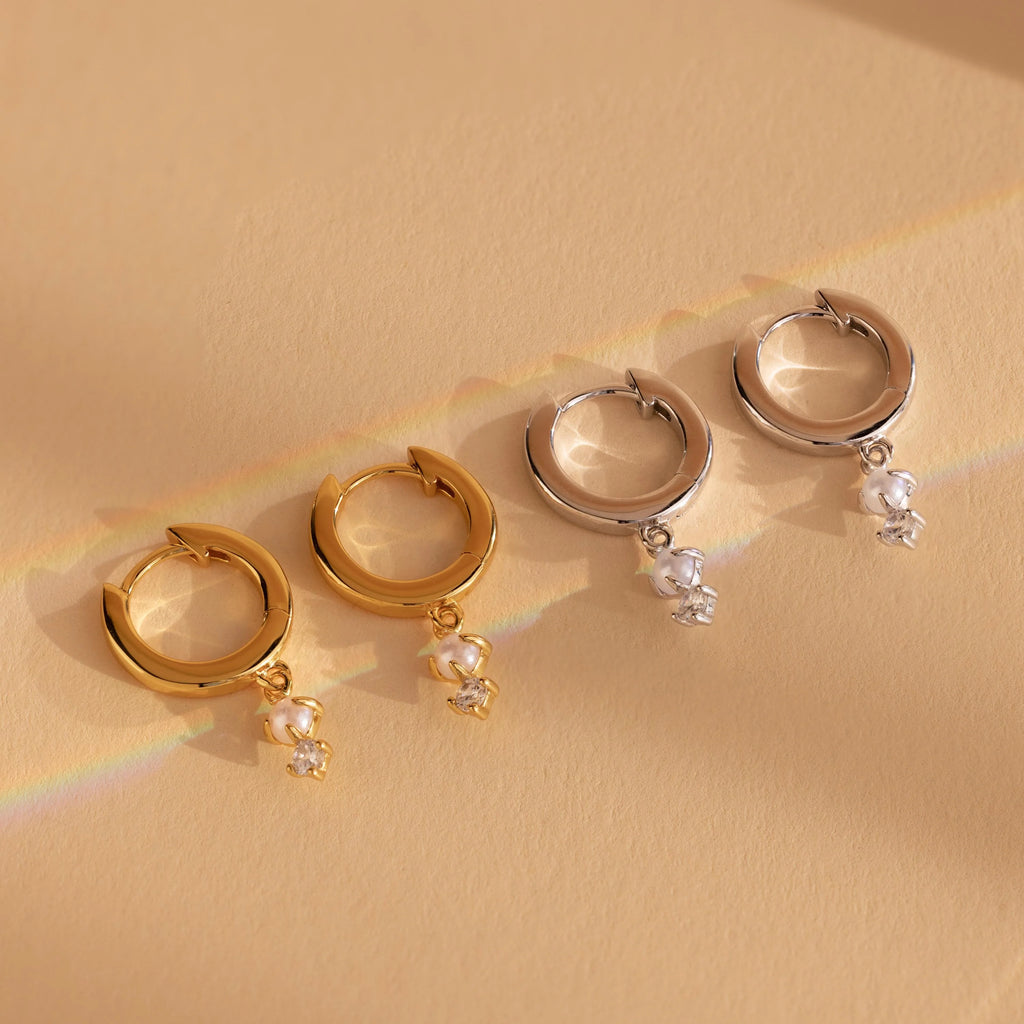 Dangling Pearl Diamond Huggies Silver 18K Gold Plated