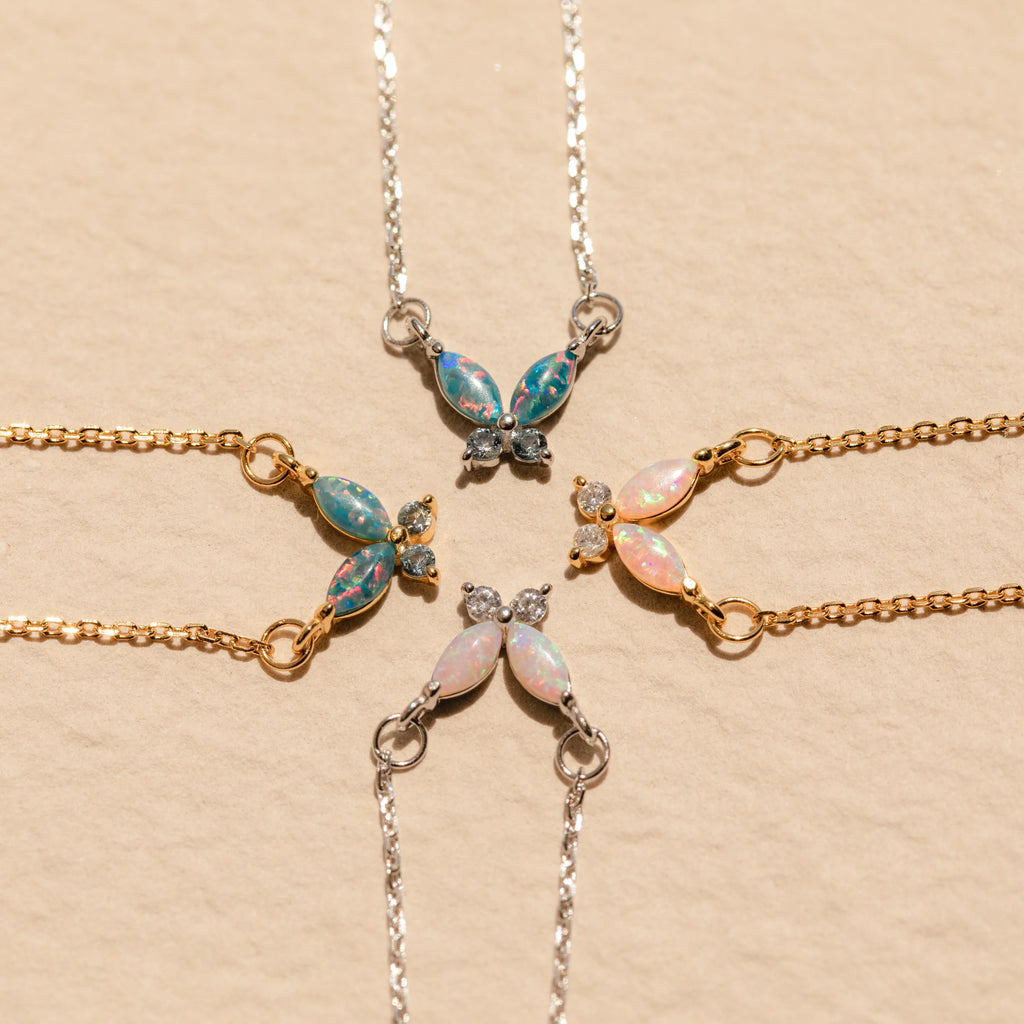 Diamond Pink Opal Butterfly Necklace Silver 18K Gold Plated