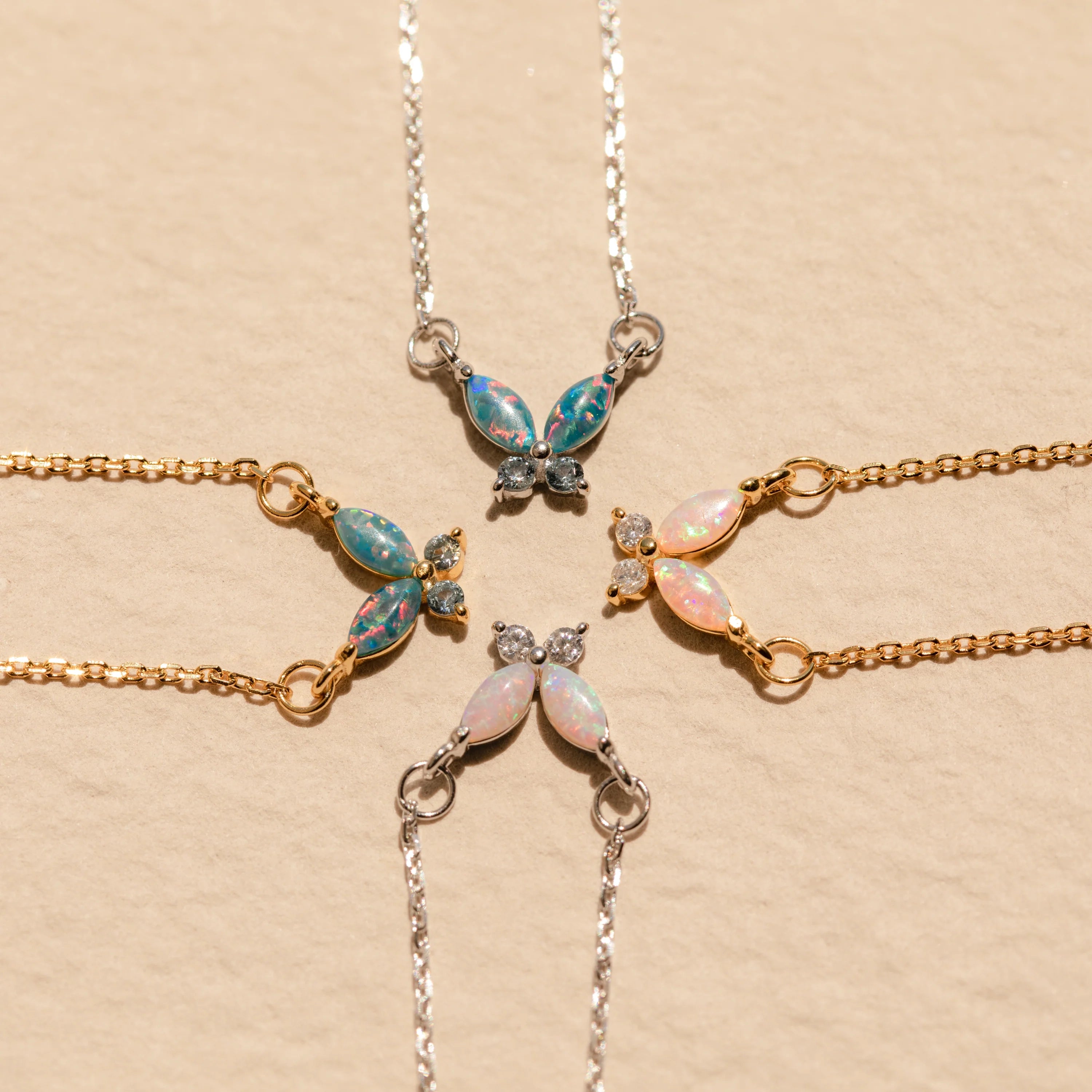 Diamond Pink Opal Butterfly Necklace Silver 18K Gold Plated