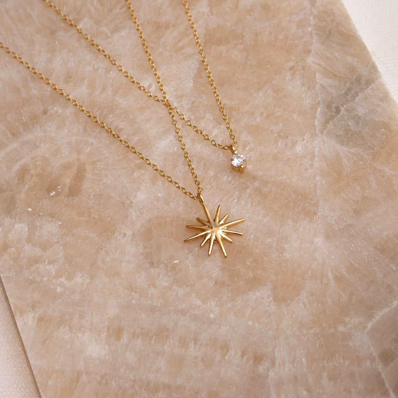 Diamond Starburst Duo Necklace Silver 18K Gold Plated
