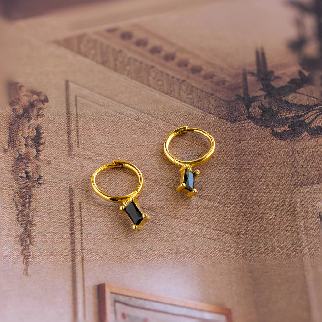Onyx Baguette Drop Huggies Silver 18K Gold Plated
