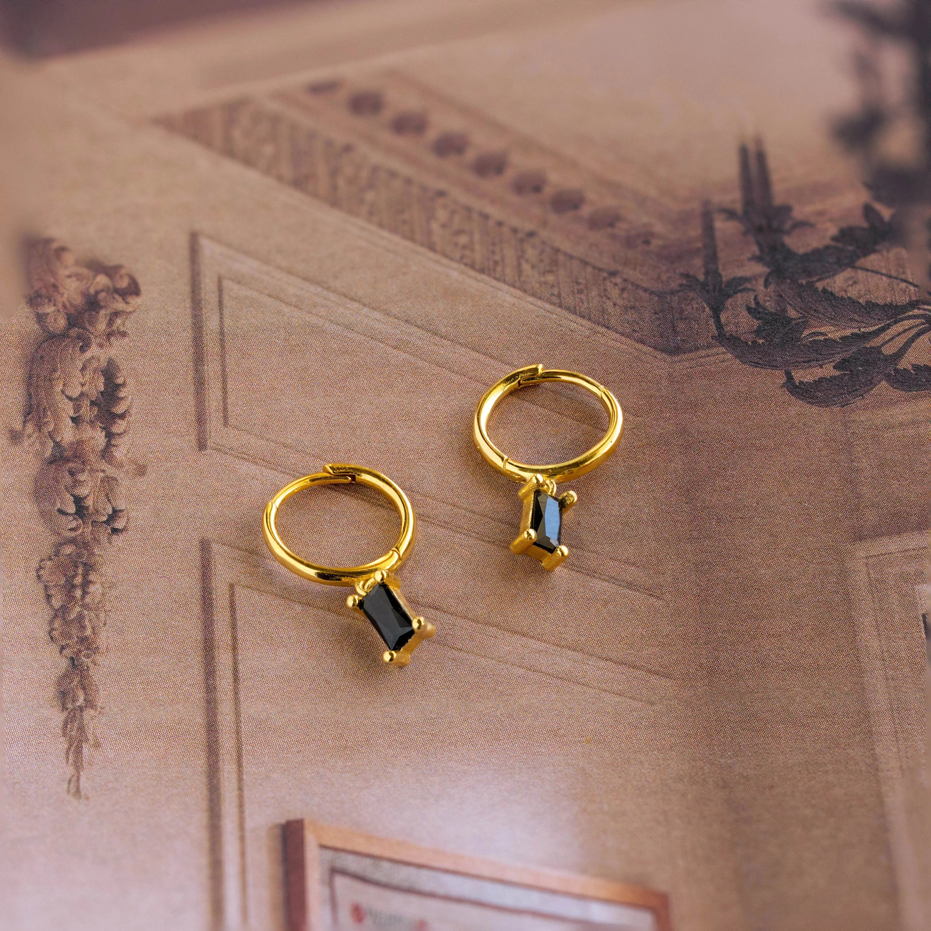 Onyx Baguette Drop Huggies Silver 18K Gold Plated