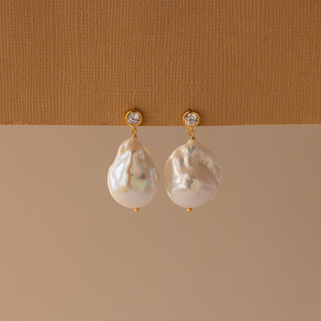 Diamond Baroque Pearl Studs Silver 18K Gold Plated