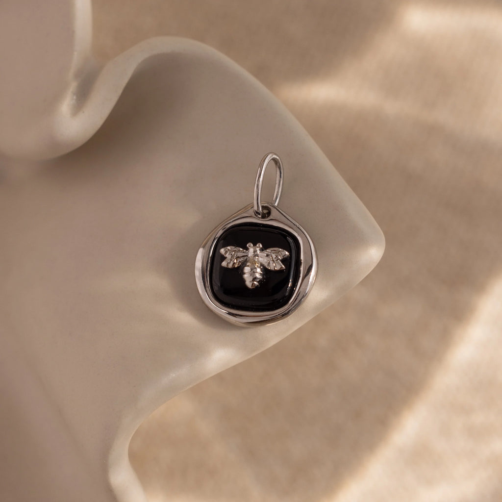 Onyx Honeybee Charm Silver 18K Gold Plated