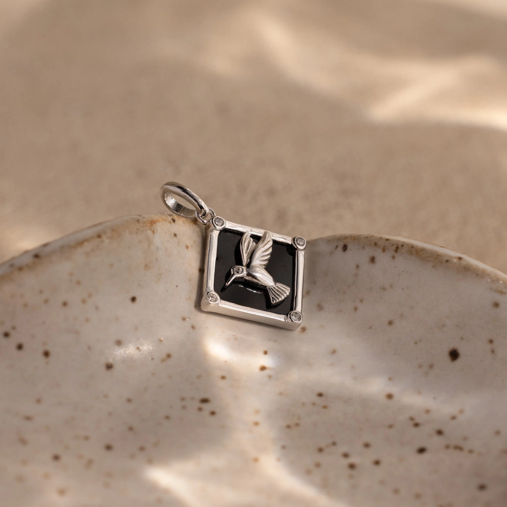 Diamonds Onyx Hummingbird Charm Silver 18K Gold Plated