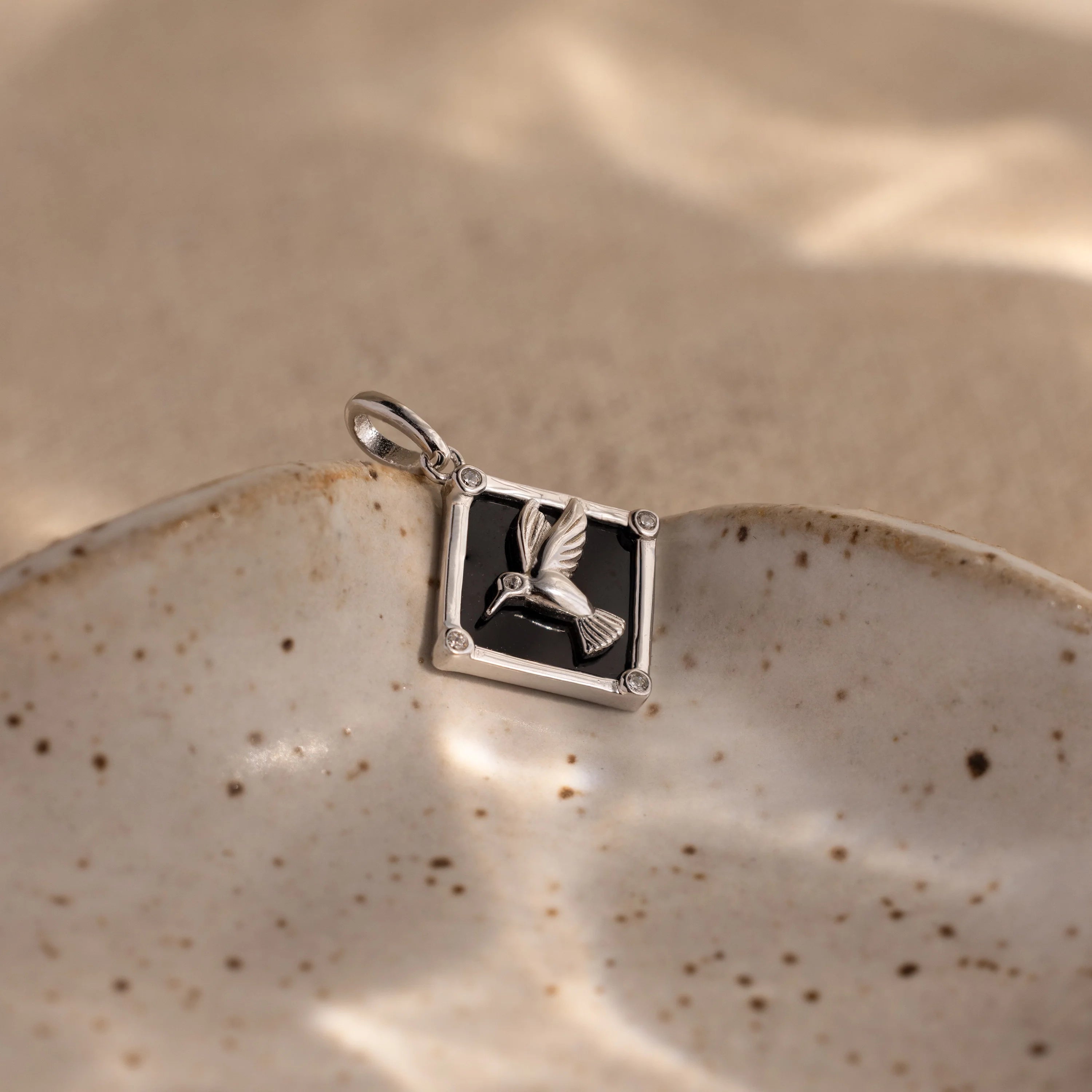 Diamonds Onyx Hummingbird Charm Silver 18K Gold Plated