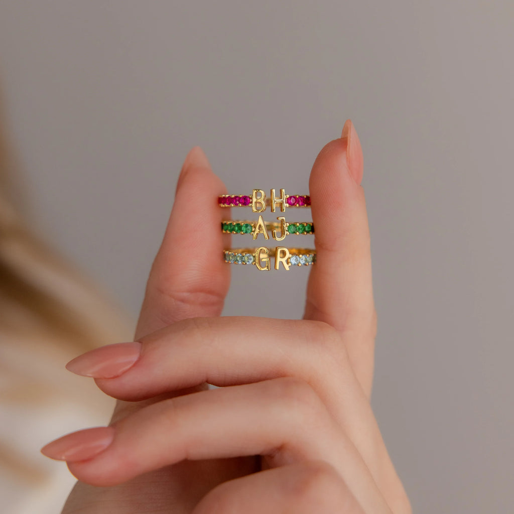 Emerald Duo Initial Tennis Ring Silver 18K Gold Plated