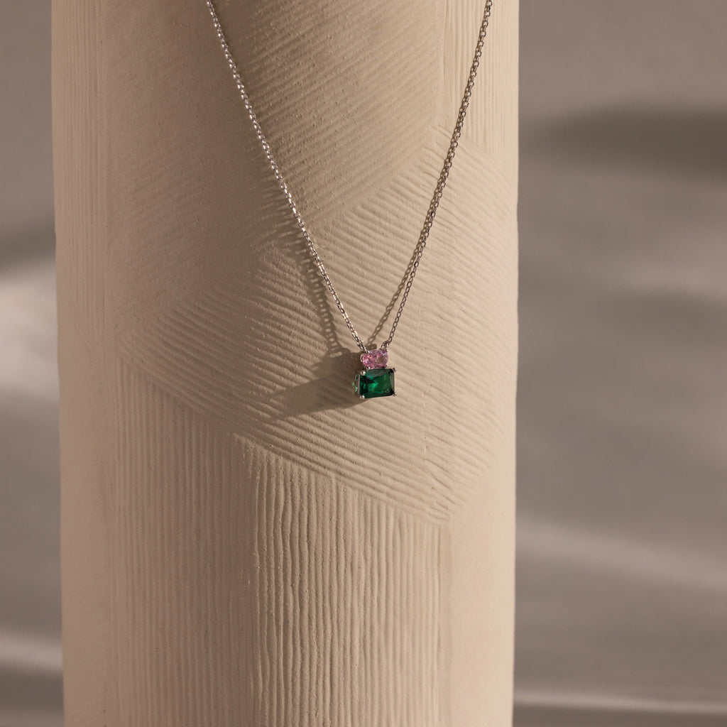 Emerald Pink Tourmaline Necklace Silver 18K Gold Plated