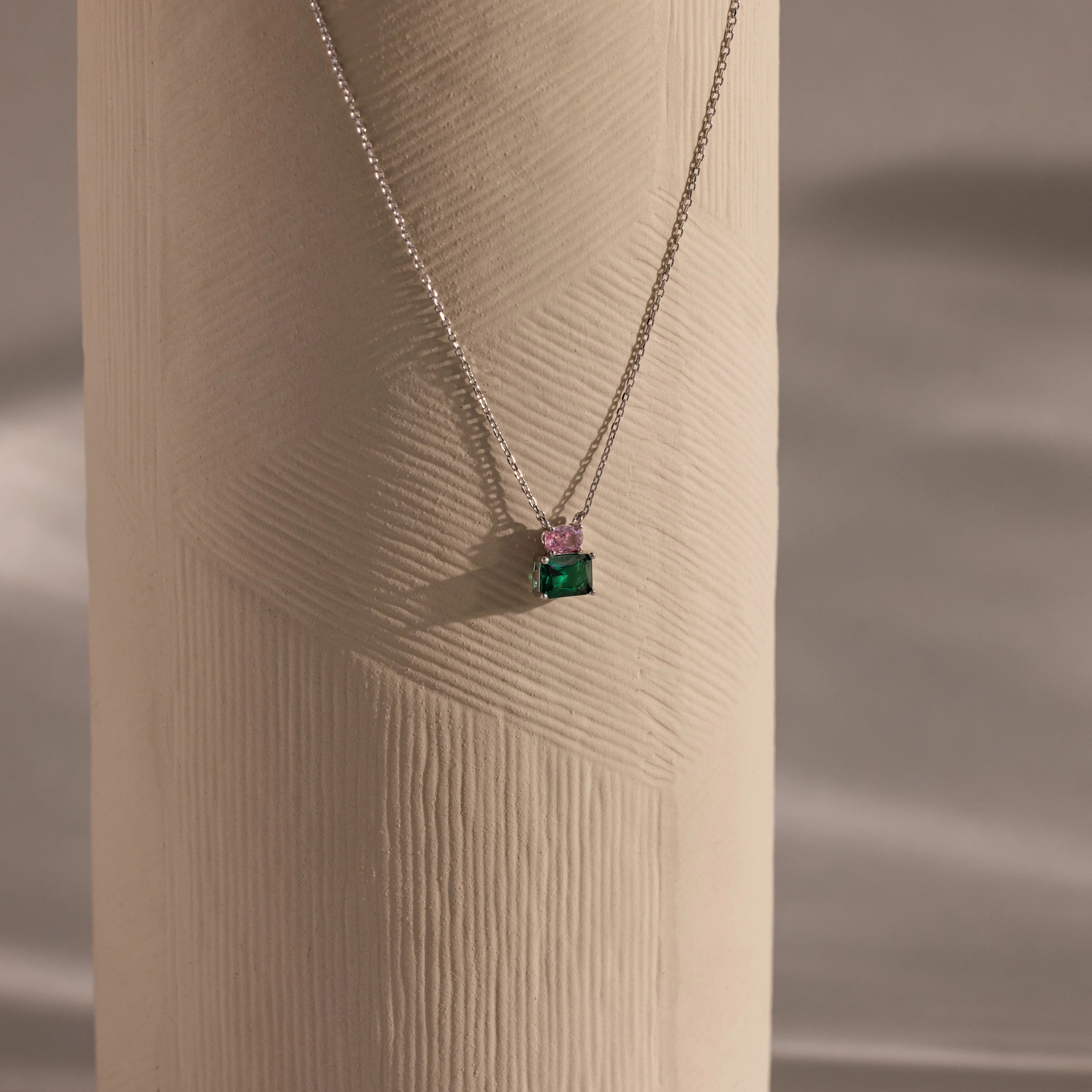 Emerald Pink Tourmaline Necklace Silver 18K Gold Plated