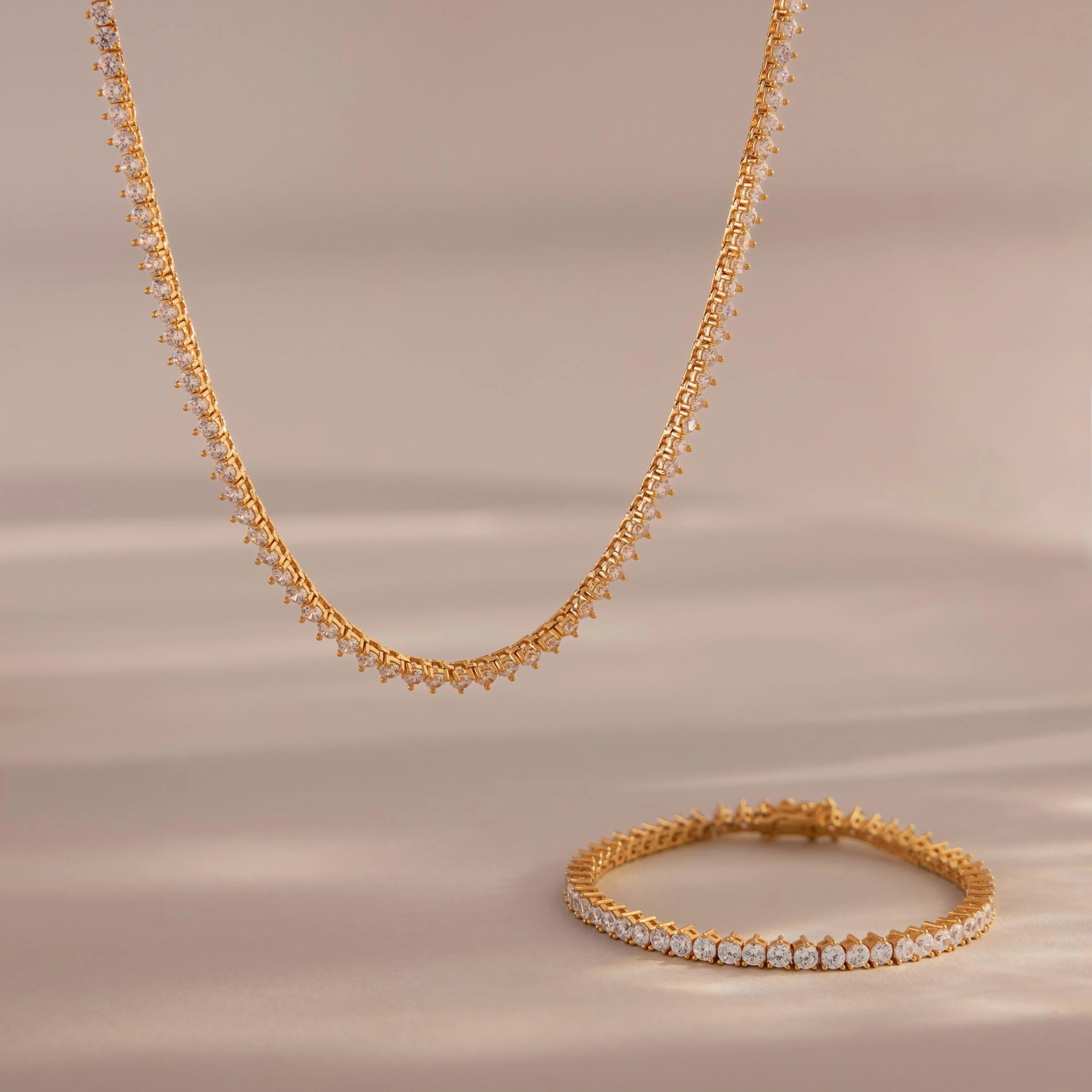 3-Prong Diamond Tennis Necklace & Bracelet Set Silver 18K Gold Plated