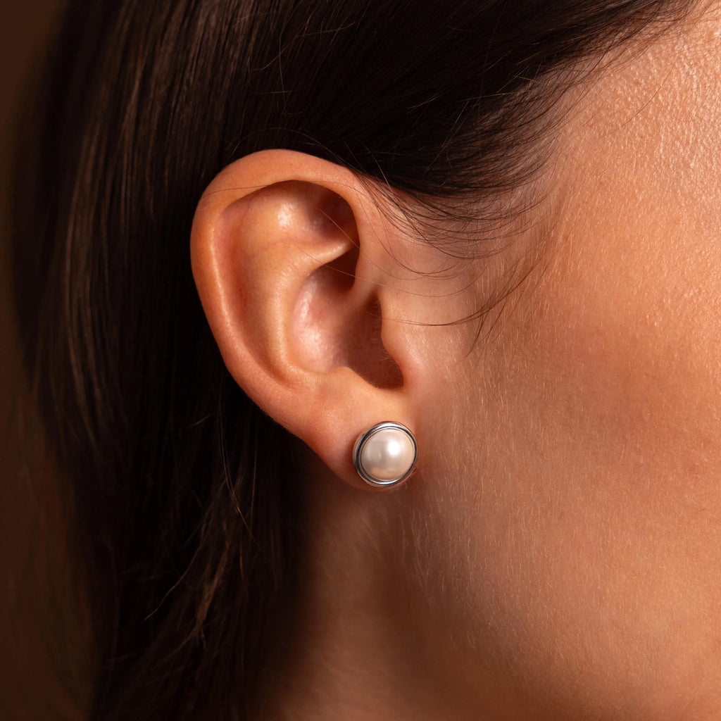 Pearl Bezel Studs Silver 18K Gold Plated