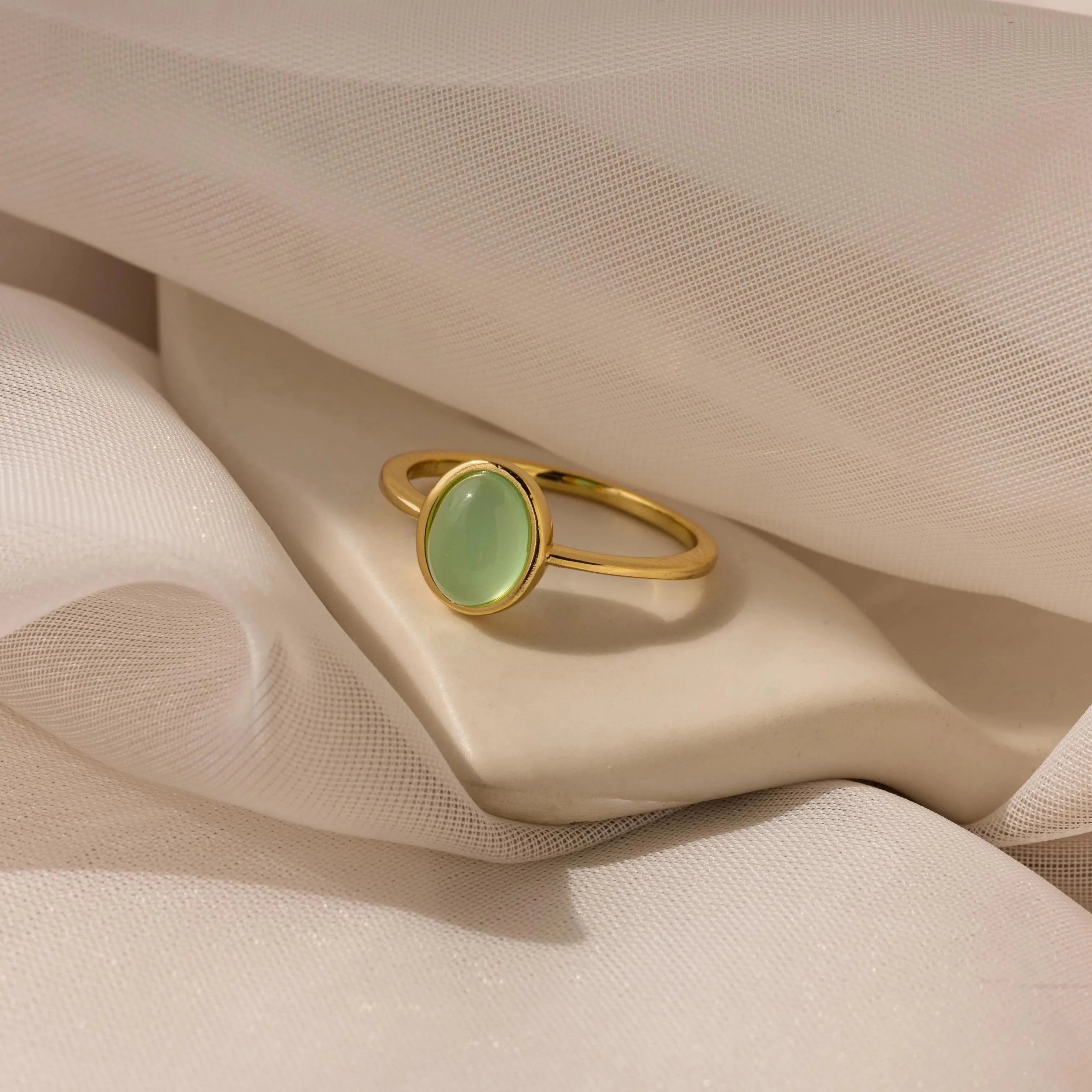 Jade Oval Ring Silver 18K Gold Plated
