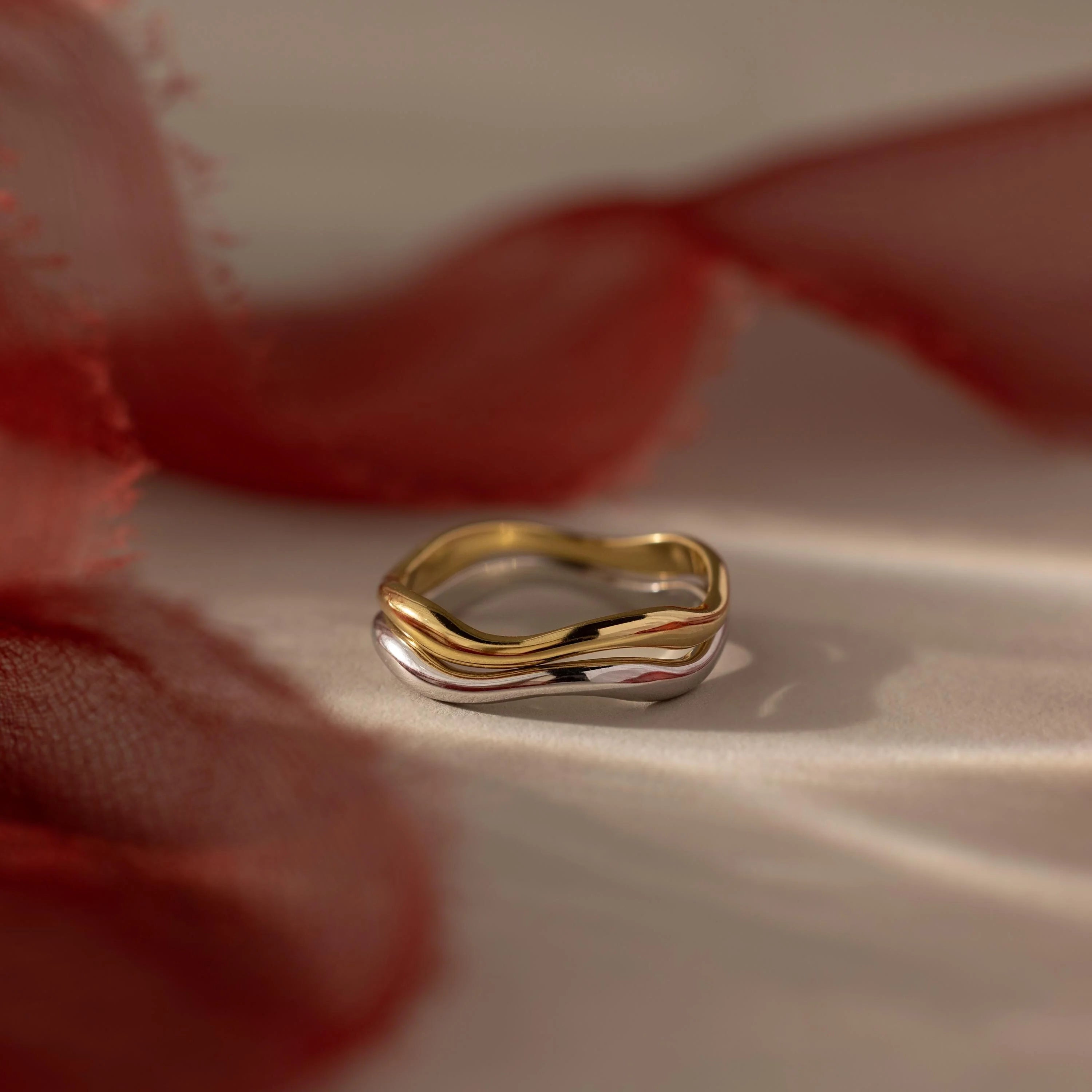 Mixed Metal Wave Ring Set Silver 18K Gold Plated